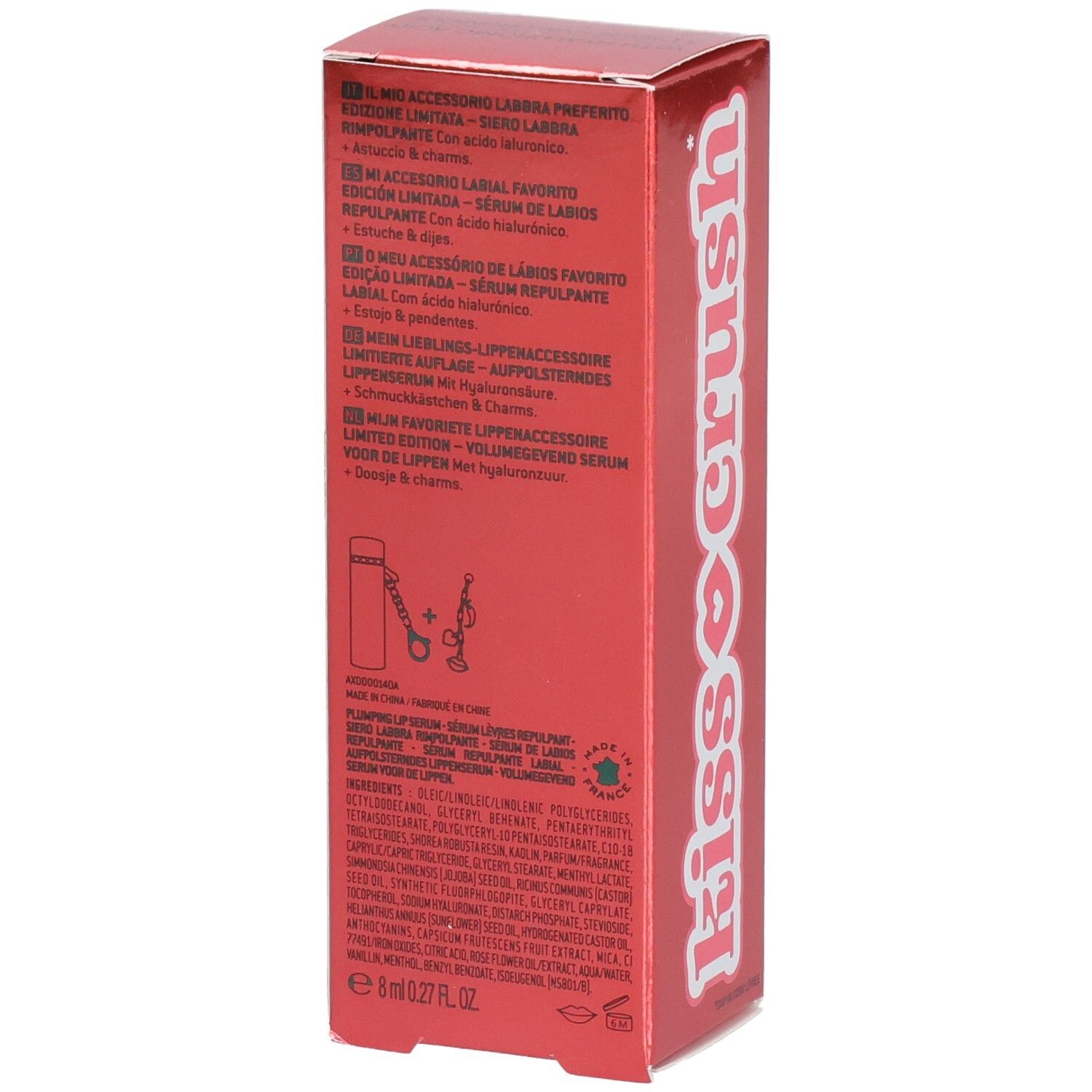 Rote Schachtel mit Text in mehreren Sprachen. NUXE Very Rose Lippen-Serum. Inhaltsstoffe und Herstellerangaben.