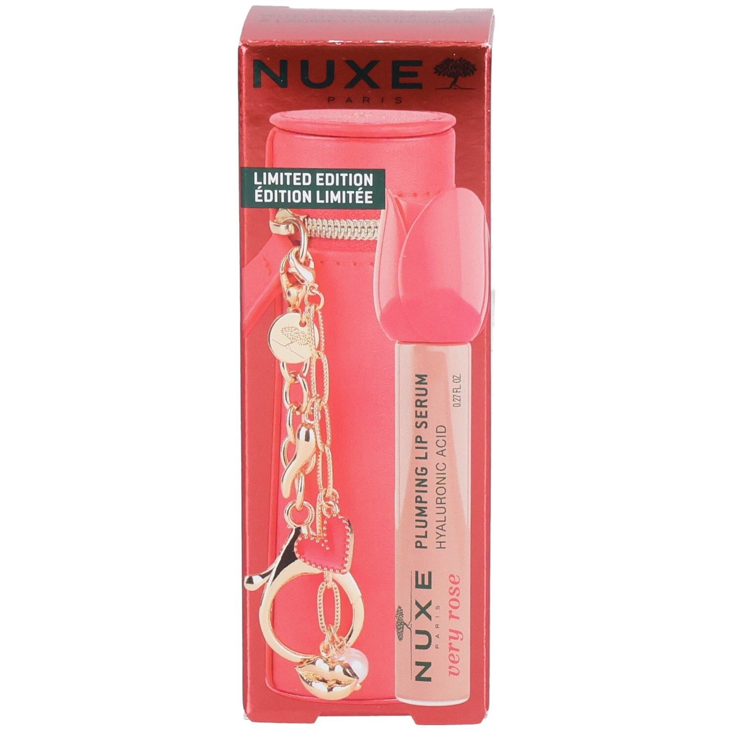 NUXE Very Rose Lippen-Serum mit Etui. Rotes Etui mit goldfarbenem Anhänger. Serum-Tube mit rosa Kappe.