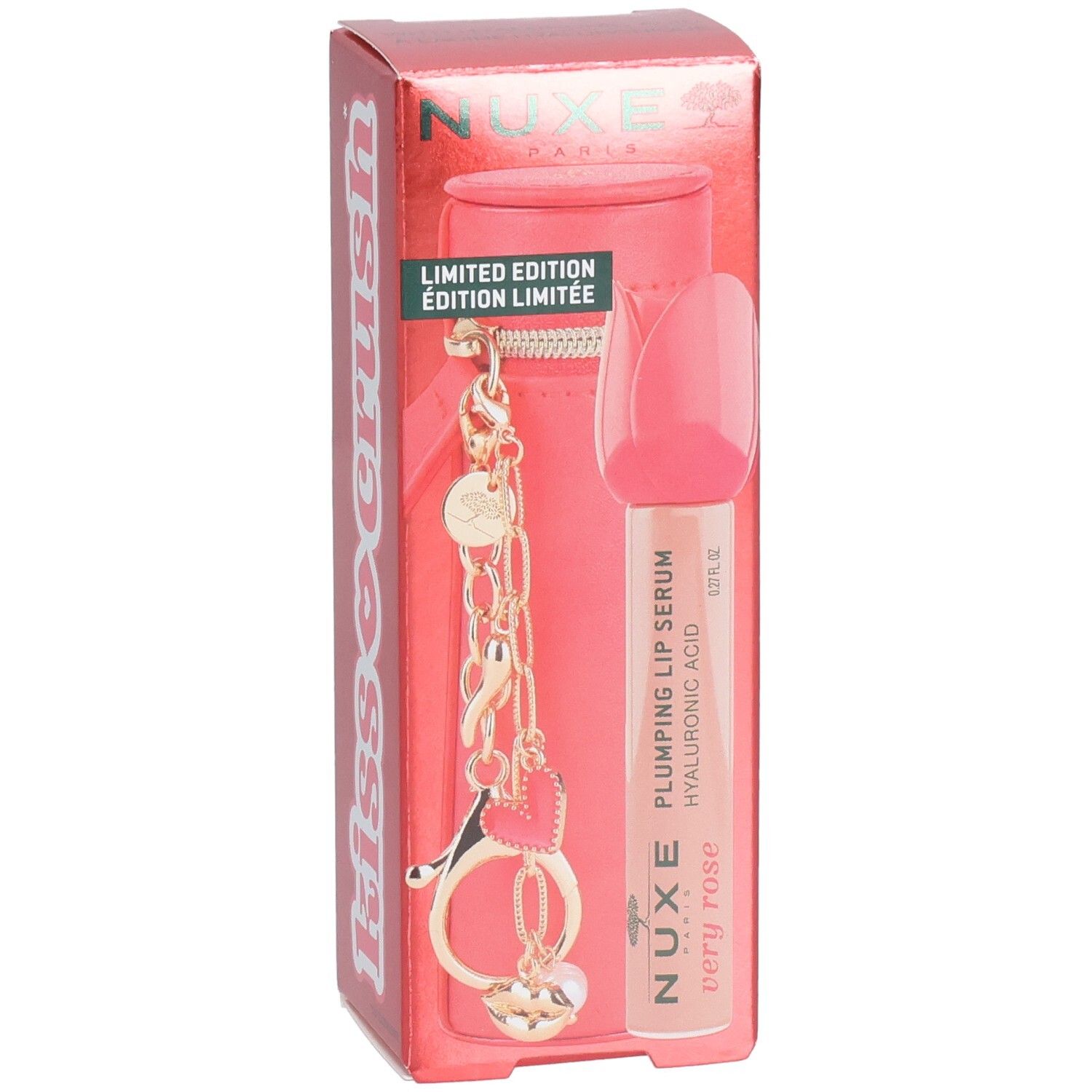 Rote Schachtel mit Kiss Crush Schriftzug. NUXE Very Rose Lippen-Serum mit Etui. Goldfarbener Anhänger.