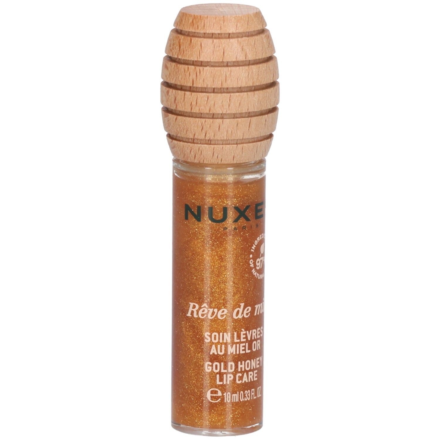Goldfarbener Lipgloss in einer Glasflasche mit Holzverschluss. Aufschrift: Nuxe, Rêve de miel, Soin Lèvres au Miel Or, Gold Honey Lip Care.