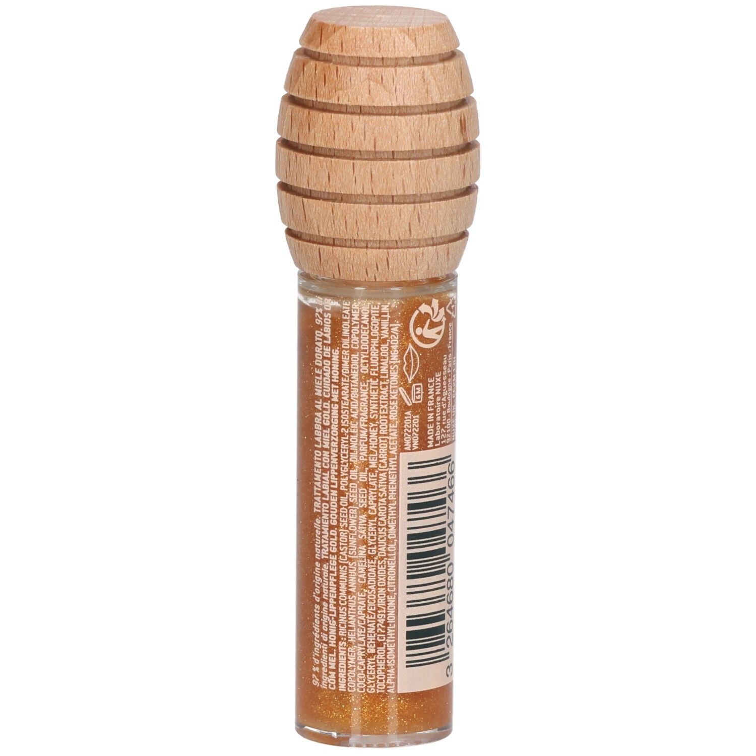 Goldfarbener Lipgloss in Glasflasche mit Holzverschluss. Rückseite mit Text. Produktname: Rêve de miel, Soin Lèvres au Miel Or.