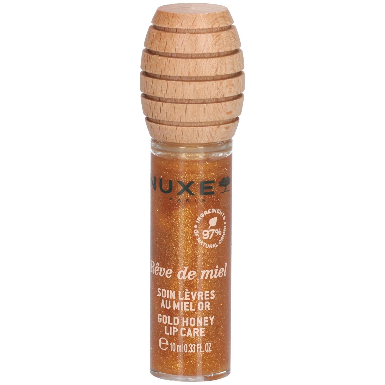Goldfarbener Lipgloss in Glasflasche mit Holzverschluss. Aufschrift: Nuxe, Rêve de miel, Soin Lèvres au Miel Or, Gold Honey Lip Care, 97% natürliche Inhaltsstoffe.