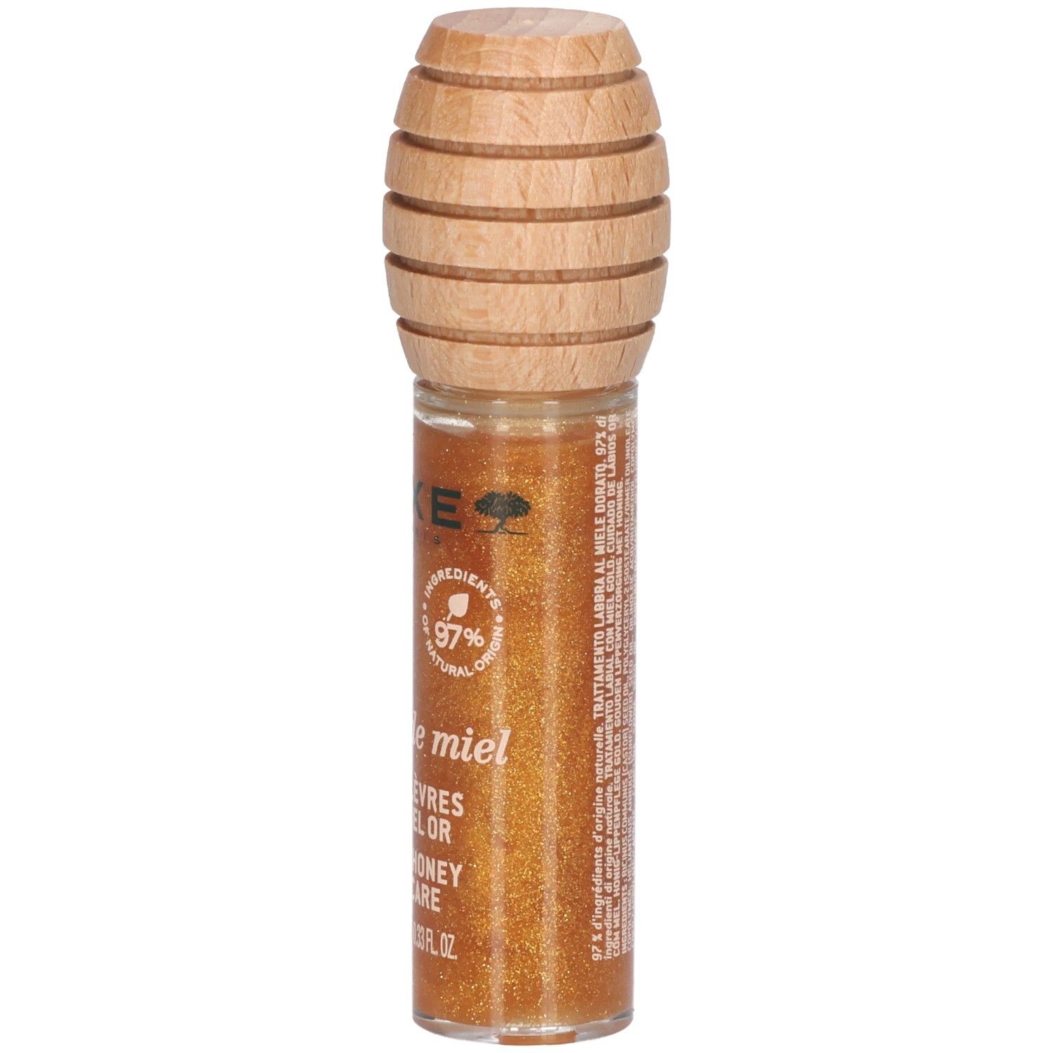 Goldfarbener Lipgloss in Glasflasche mit Holzverschluss. Aufschrift: Nuxe, Rêve de miel, Soin Lèvres au Miel Or, Gold Honey Lip Care, 97% natürliche Inhaltsstoffe.