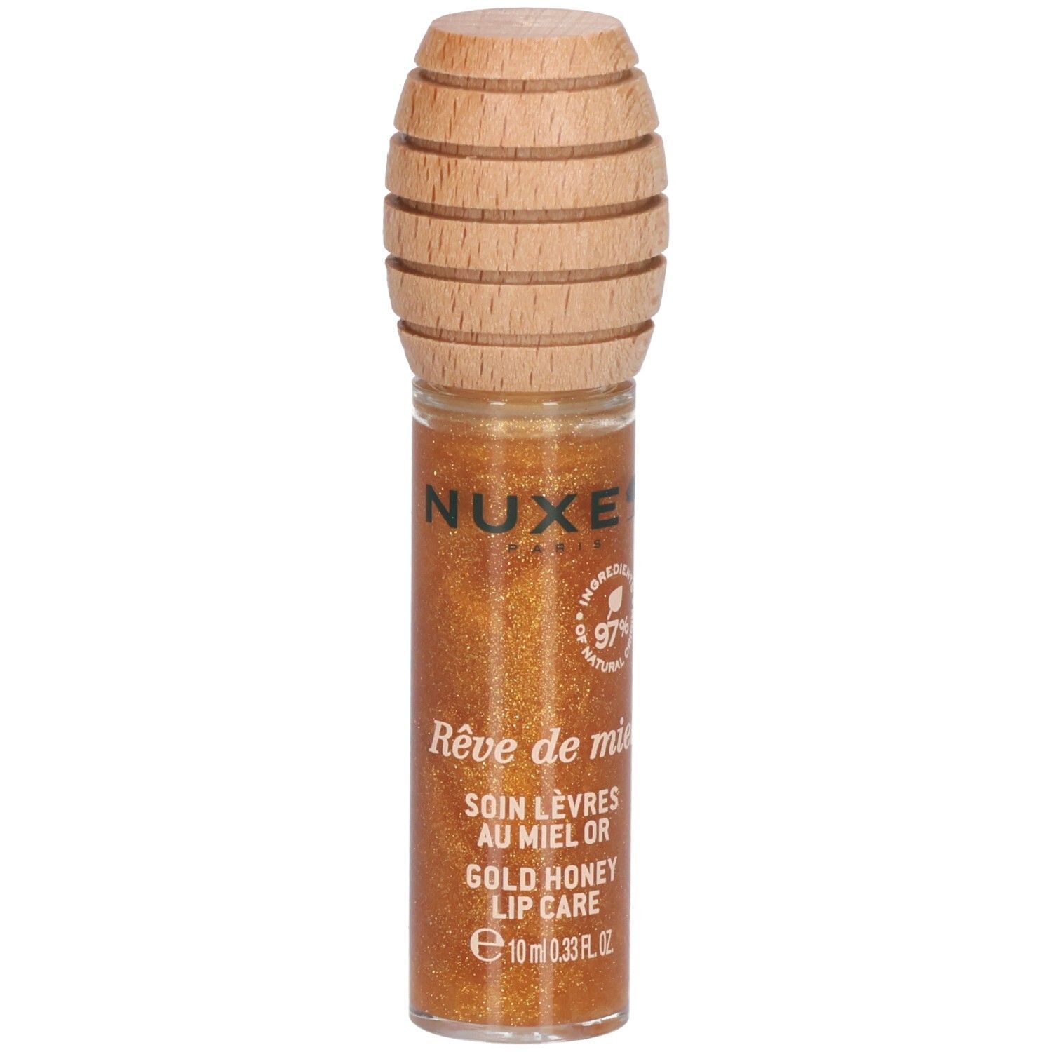 Goldfarbener Lipgloss in Glasflasche mit Holzverschluss. Aufschrift: Nuxe, Rêve de miel, Soin Lèvres au Miel Or, Gold Honey Lip Care, 97% natürliche Inhaltsstoffe.