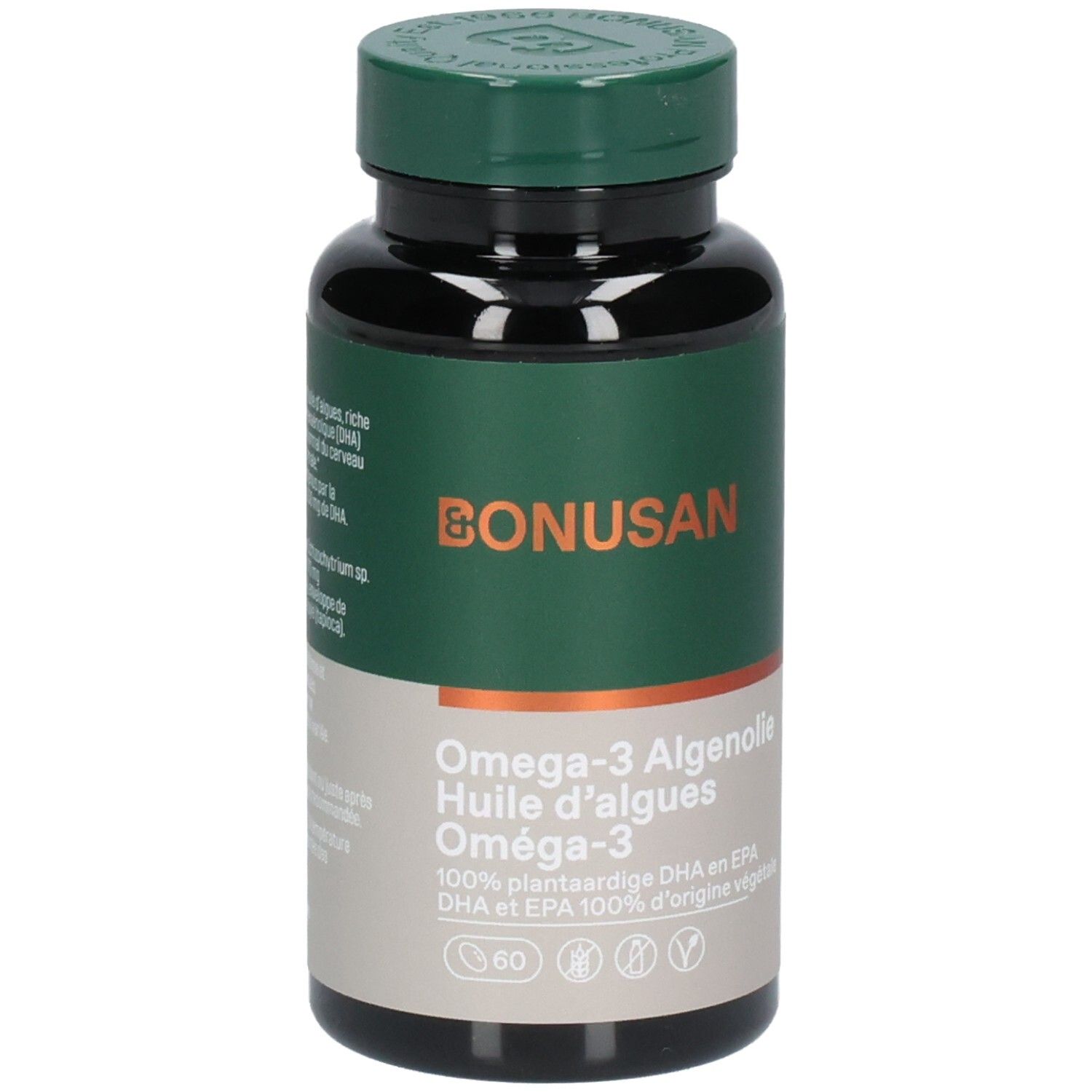 Dunkle Flasche mit grünem Deckel. Aufschrift: Bonusan, Omega-3 Algenolie, 60 Kapseln. Vegan-Siegel.