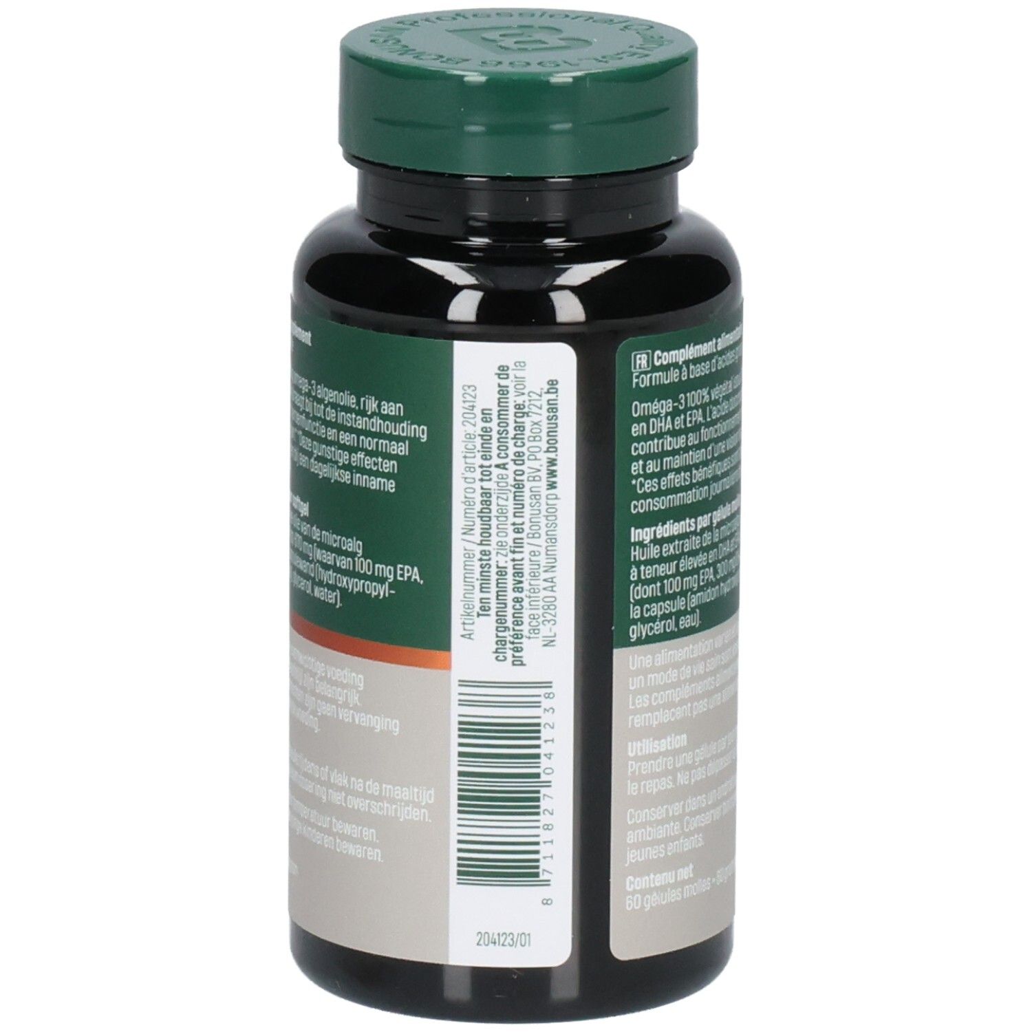 Rückseite der Flasche. Barcode und Text. Informationen zu Inhaltsstoffen und Nährwerten.