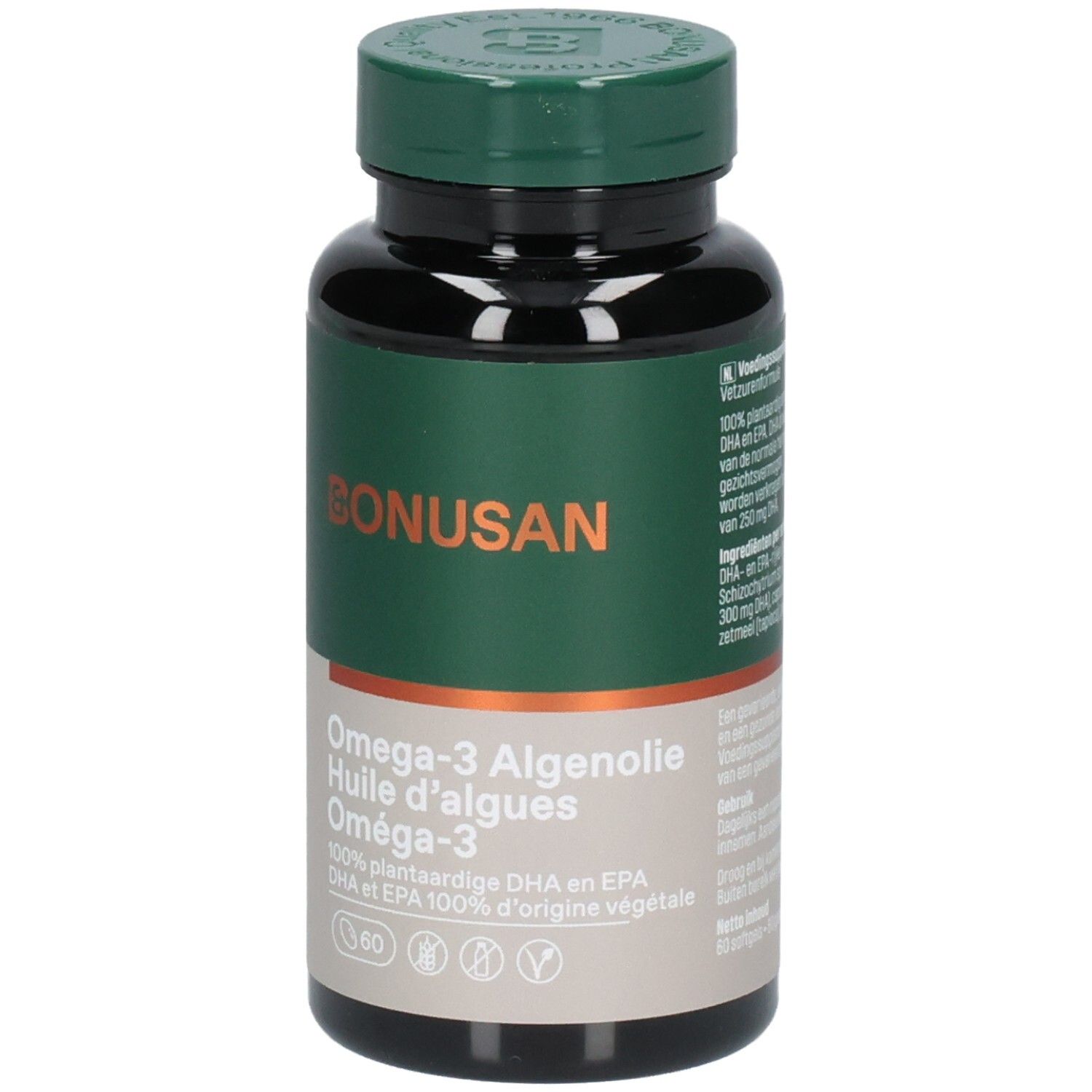 Dunkle Flasche mit grünem Deckel. Aufschrift: Bonusan, Omega-3 Algenolie, 60 Kapseln. Vegan-Siegel.