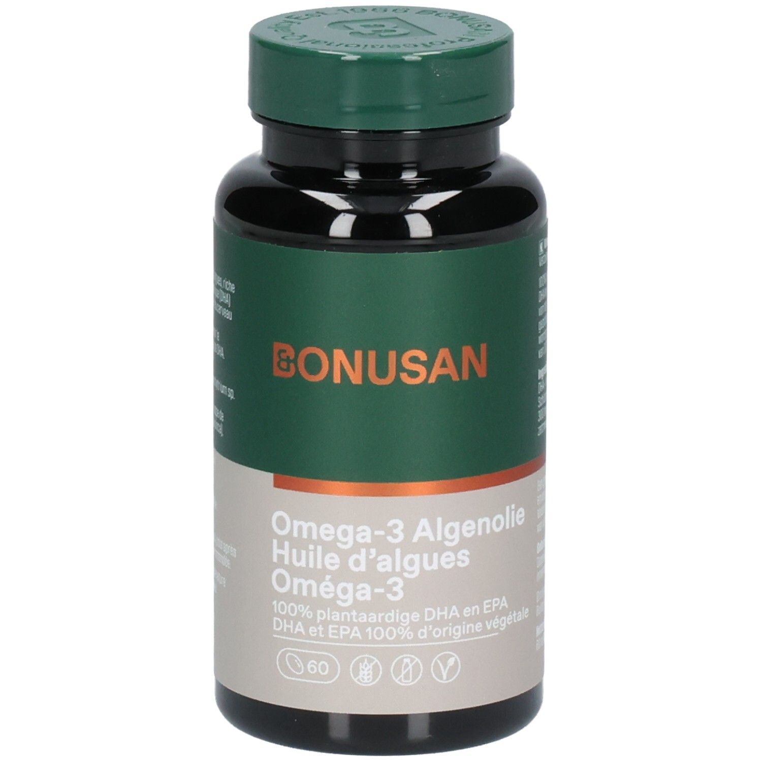 Dunkle Flasche mit grünem Deckel. Aufschrift: Bonusan, Omega-3 Algenolie, 60 Kapseln. Vegan-Siegel.