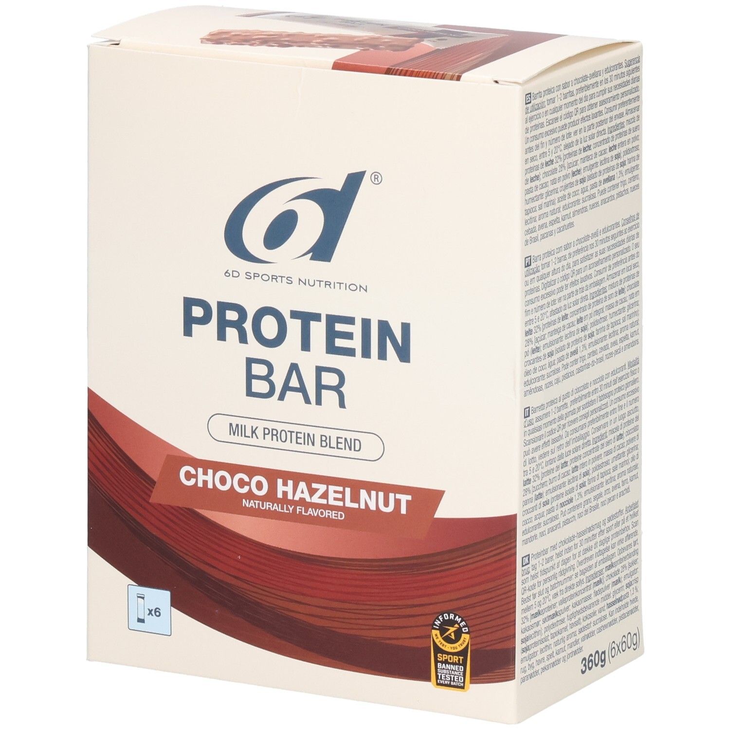 Verpackung mit 6d Protein Bar Choco-Haselnuss. Aufschrift: Protein Bar, Choco Hazelnut. 6x60g. Logo: 6d Sports Nutrition.