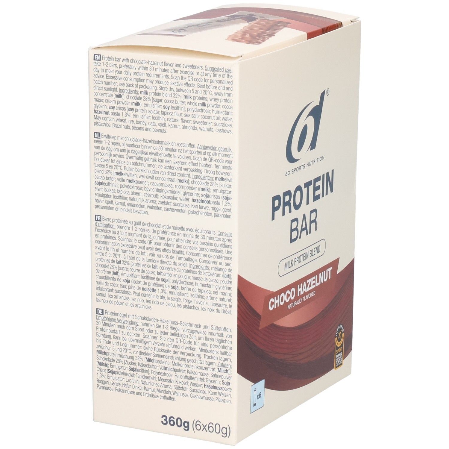 Rückseite der Verpackung von 6d Protein Bar. Text in mehreren Sprachen. Logo: 6d Sports Nutrition. 360g (6x60g).