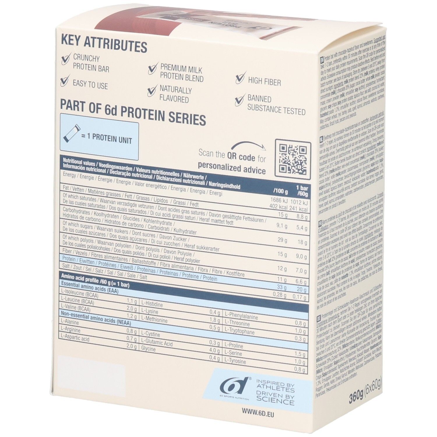 Rückseite der Verpackung von 6d Protein Bar. Text mit Nährwertangaben und Inhaltsstoffen. Logo: 6d Sports Nutrition. 360g (6x60g).