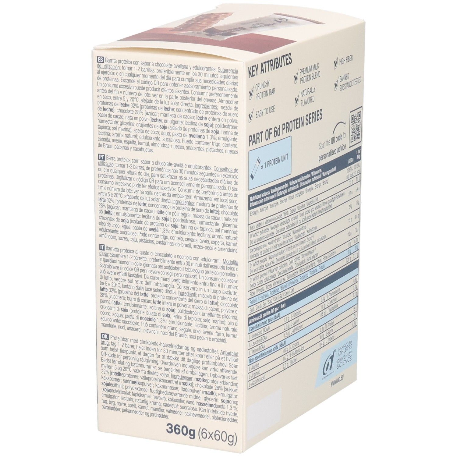 Rückseite der Verpackung von 6d Protein Bar. Text in mehreren Sprachen. Logo: 6d Sports Nutrition. 360g (6x60g).