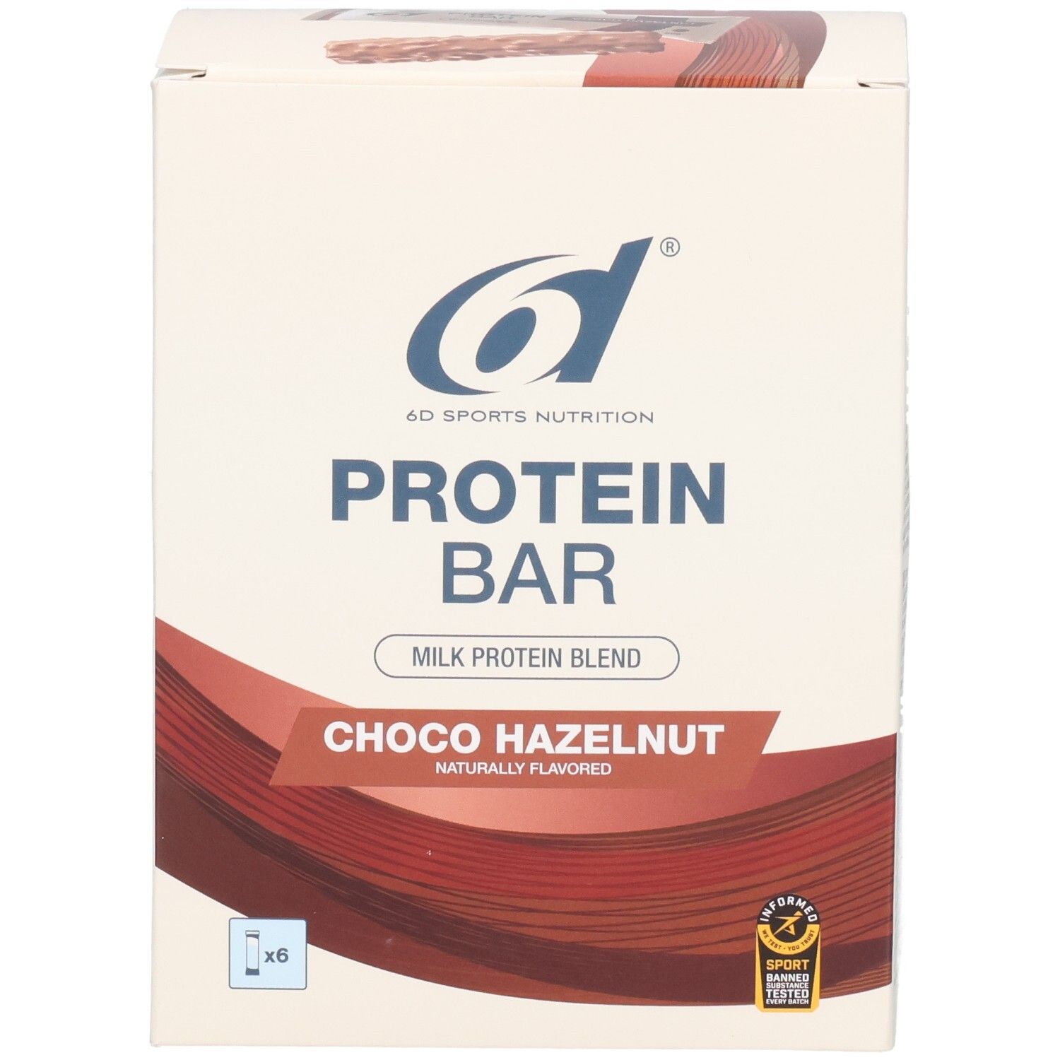 Verpackung von 6d Protein Bar Choco-Haselnuss. Aufschrift: Protein Bar, Choco Hazelnut. Logo: 6d Sports Nutrition. 6 Riegel abgebildet.