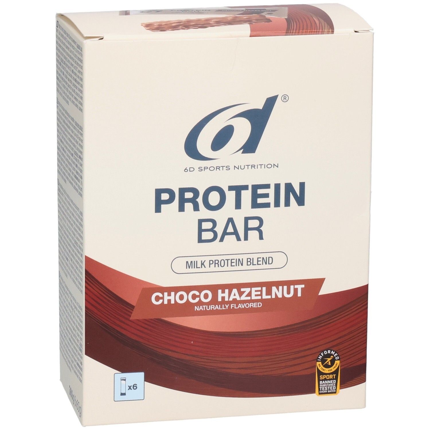 Verpackung von 6d Protein Bar Choco-Haselnuss. Aufschrift: Protein Bar, Choco Hazelnut. Logo: 6d Sports Nutrition. 6 Riegel abgebildet.