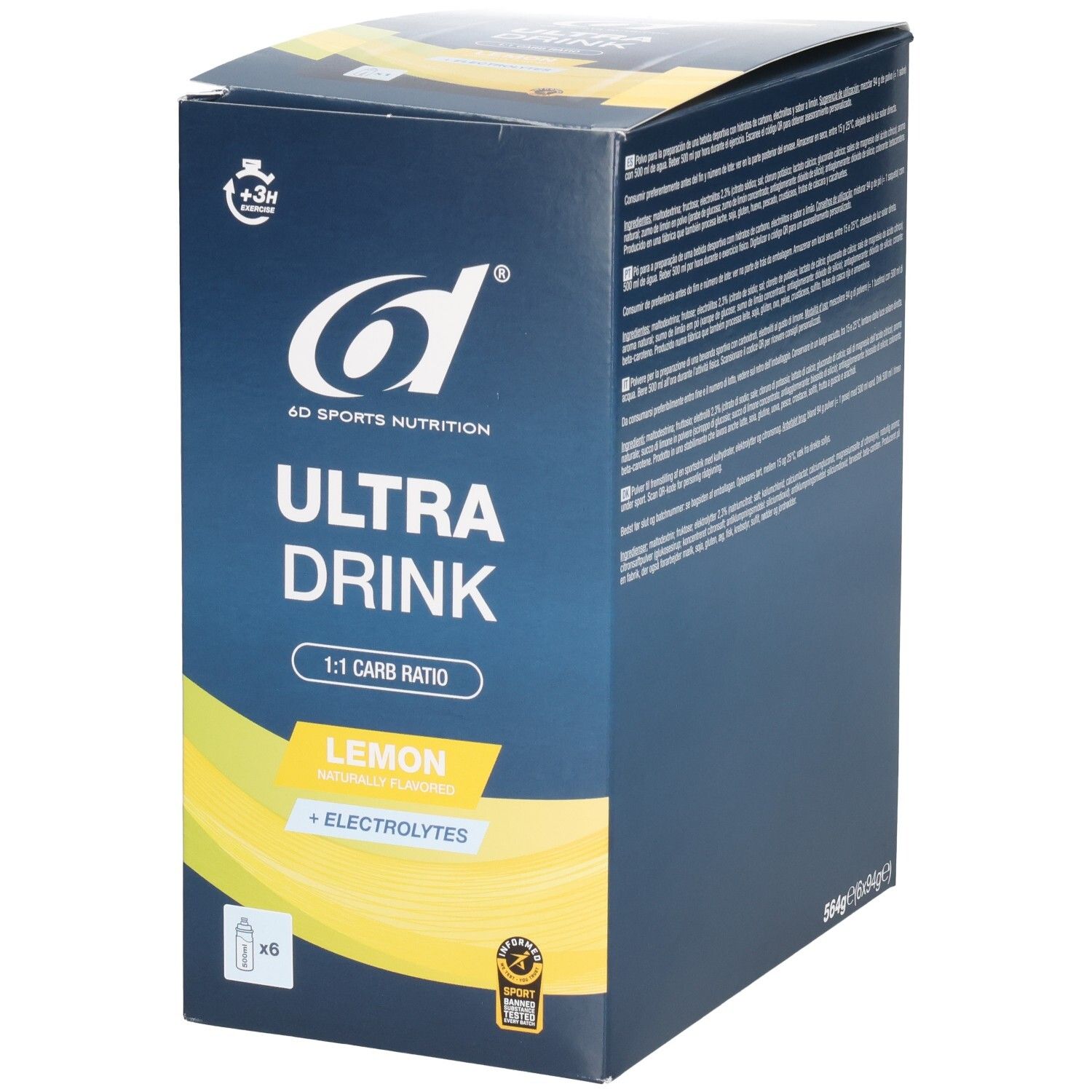 Boîte d'ULTRA DRINK, 6x sachets de 94g, saveur citron, avec électrolytes.