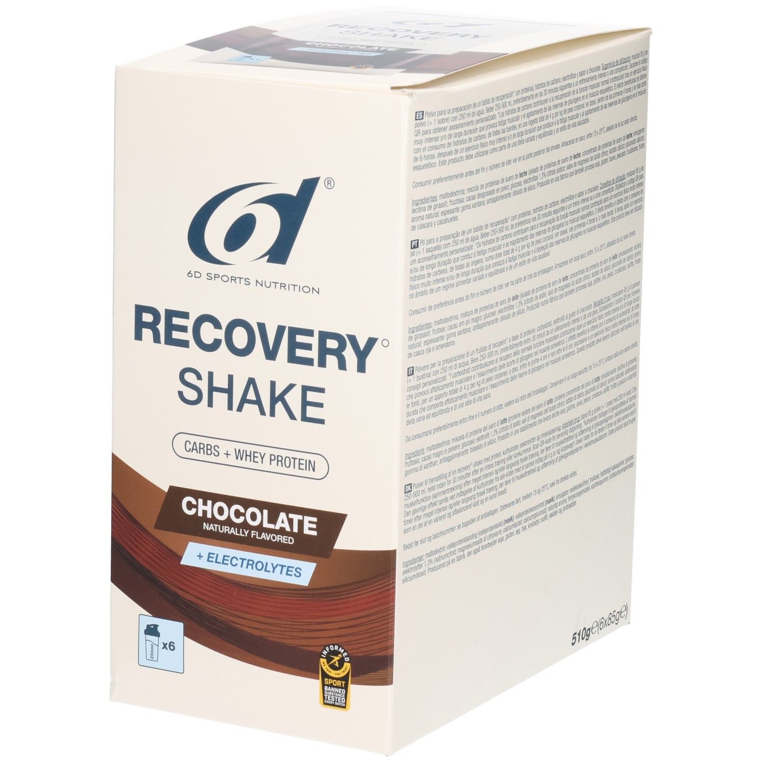 6d Sports Nutrition Recovery Shake Schokoladen-Karton mit 6 Unidosen. Carbs + Whey Protein.