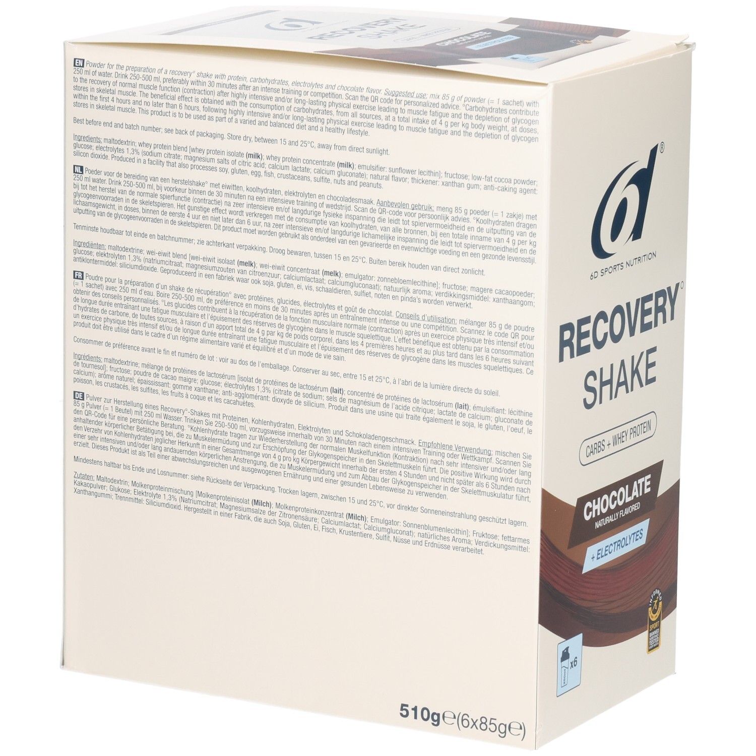 Rückseite des 6d Sports Nutrition Recovery Shake Kartons mit Nährwertangaben und Zutaten.