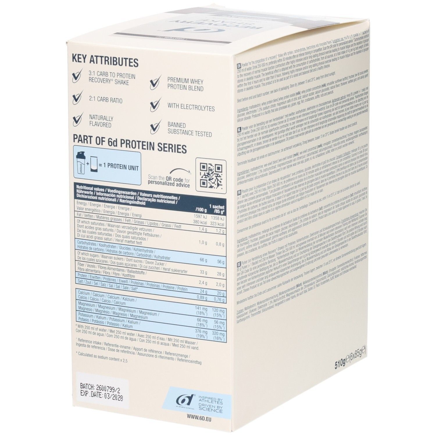 Seite des 6d Sports Nutrition Recovery Shake Kartons mit Schlüsselattributen und Nährwerttabelle.