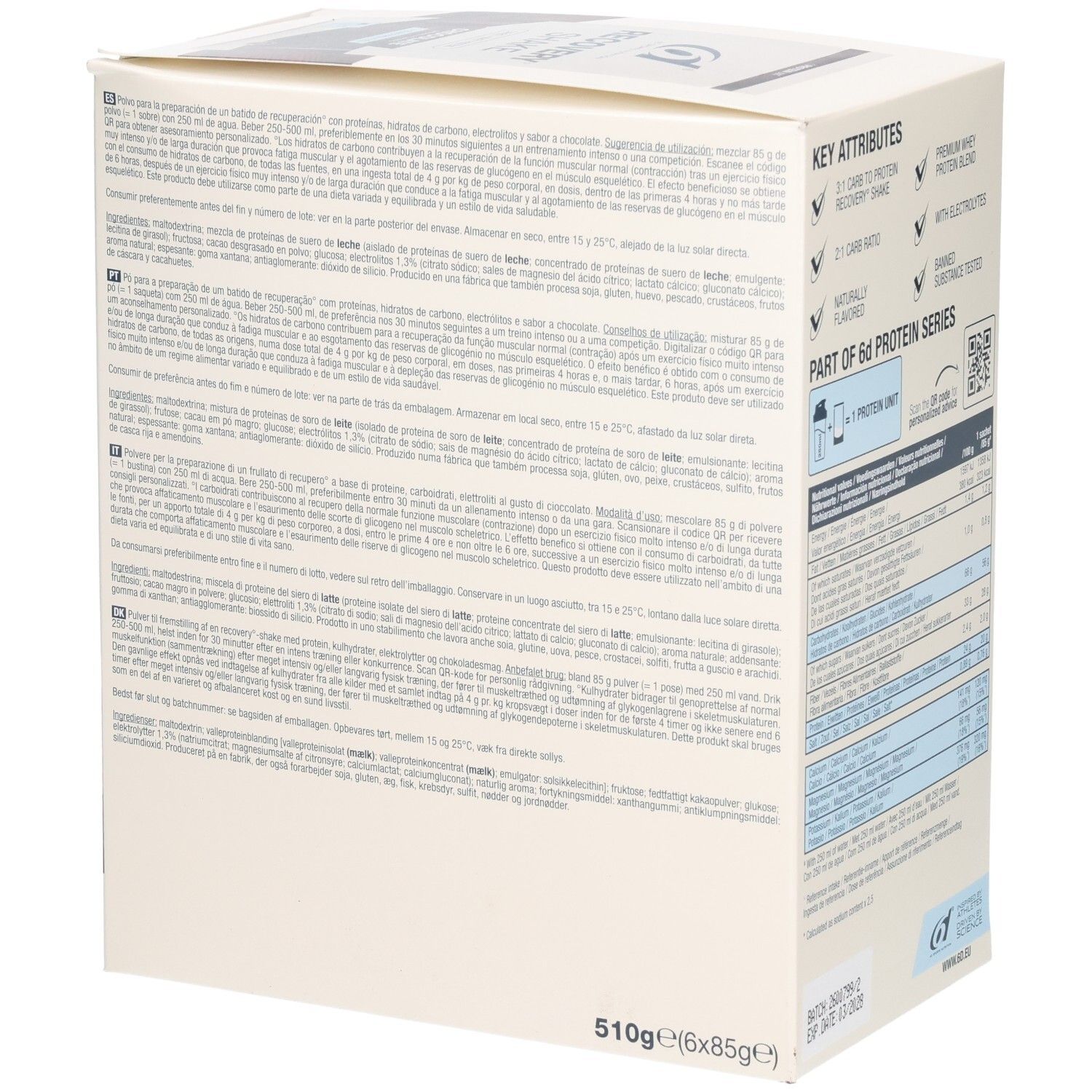 Seite des 6d Sports Nutrition Recovery Shake Kartons mit Anwendungsanleitung und Nährwertangaben.