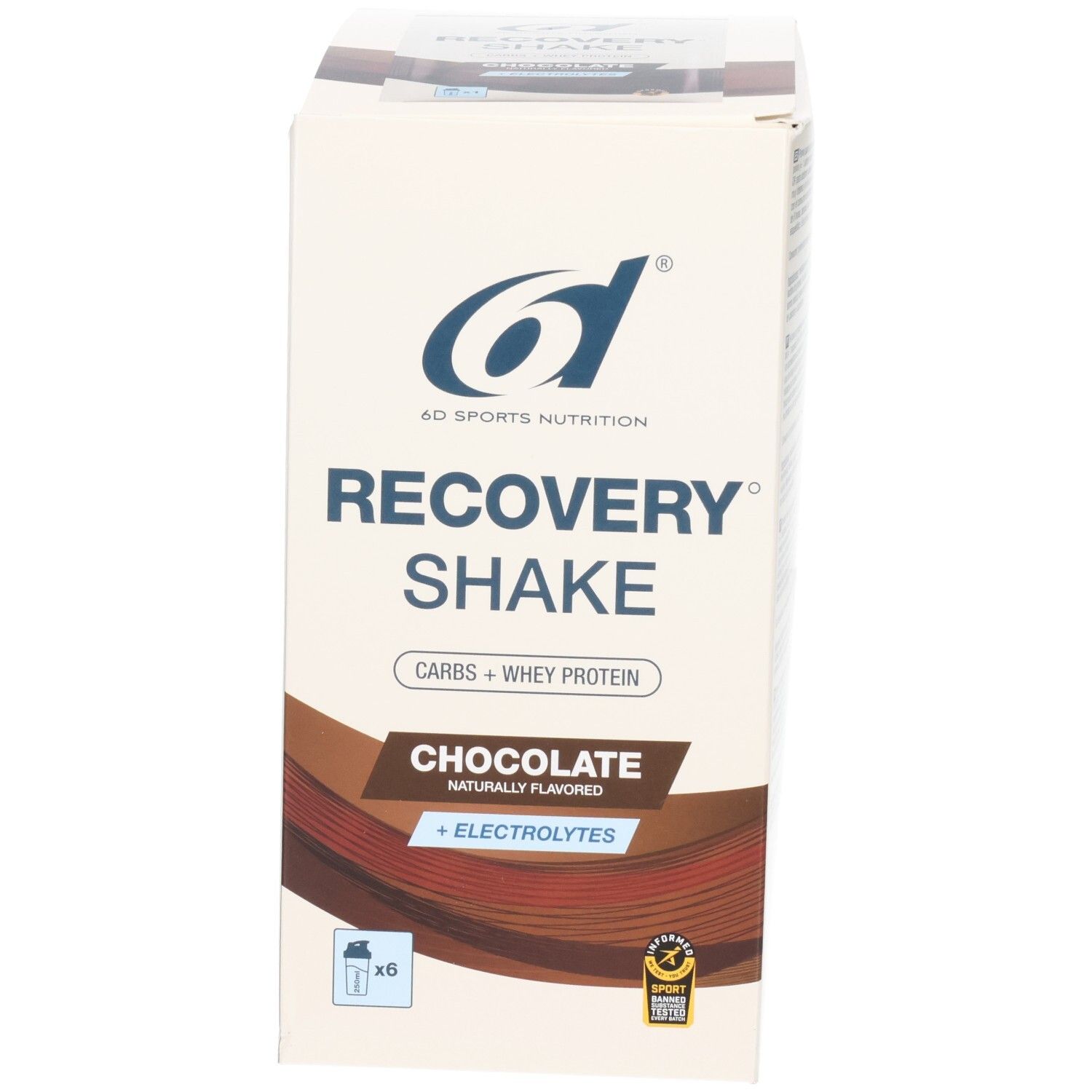 Vorderseite des 6d Sports Nutrition Recovery Shake Kartons mit Schokoladengeschmack und Elektrolyten.