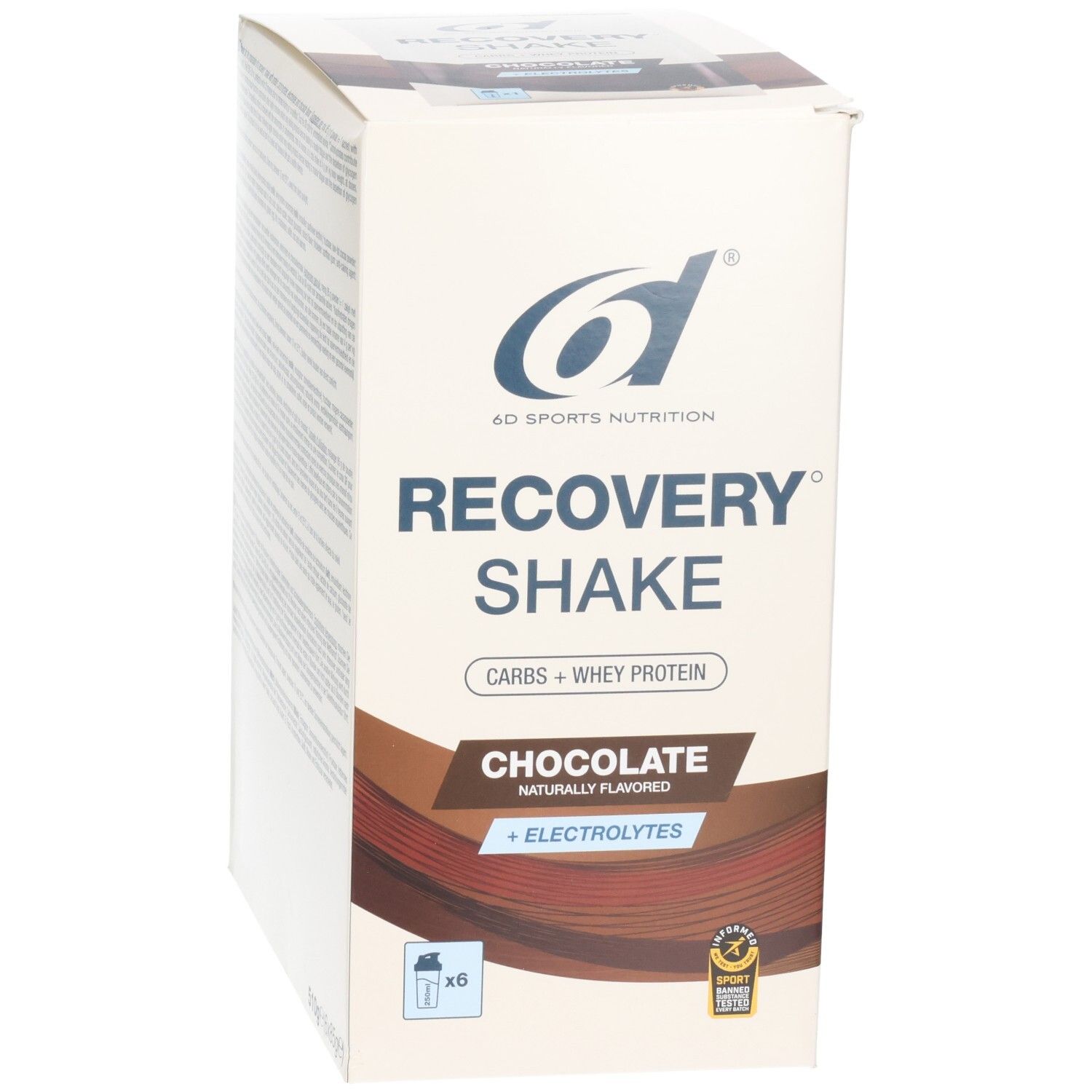Vorderansicht des 6d Sports Nutrition Recovery Shake Kartons, Schokolade, 6 Unidosen.