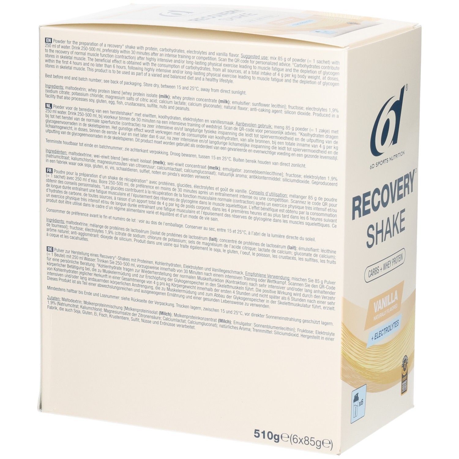 Arrière de la boîte Recovery Shake avec instructions d'utilisation détaillées et informations nutritionnelles multilingues.