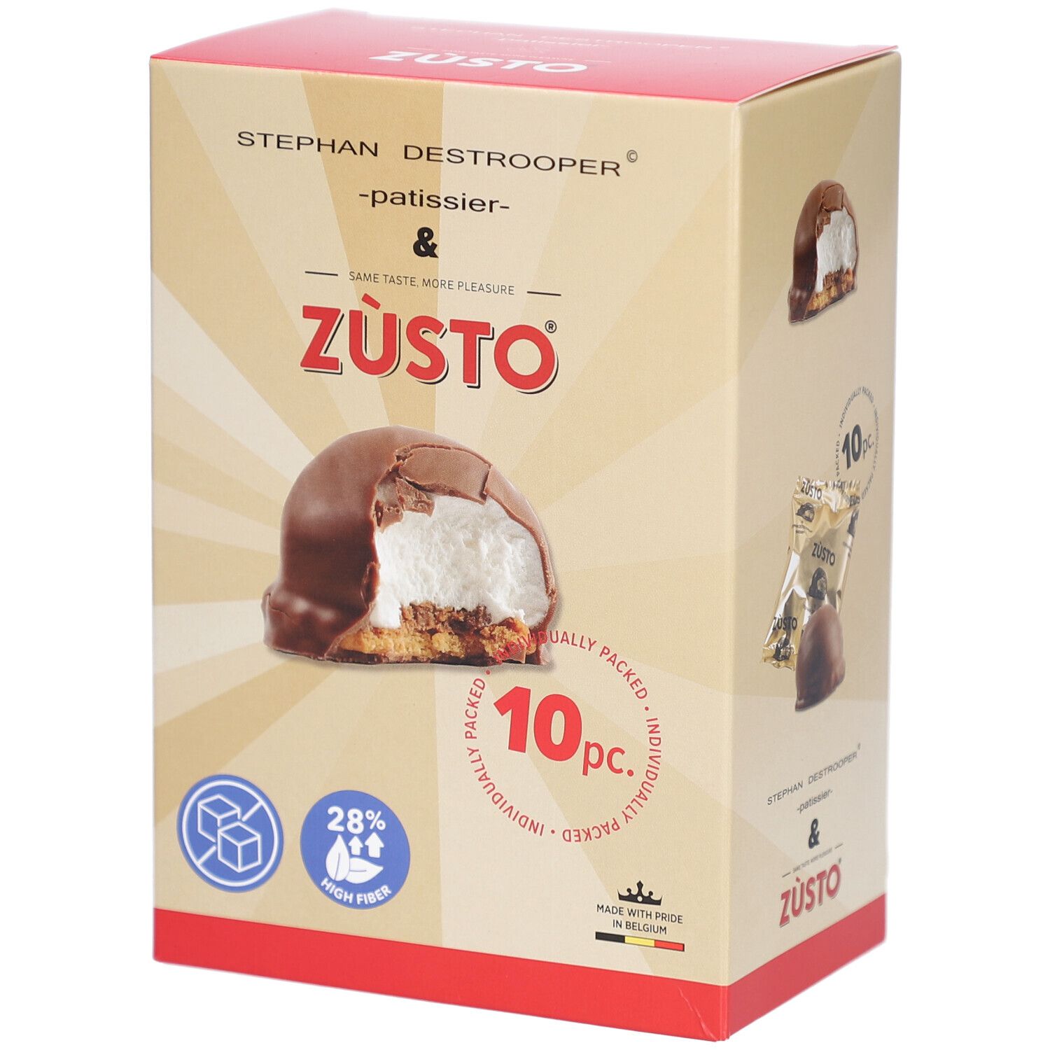 Verpackung von Zùsto. Zeigt ein Produkt mit Schokoladenüberzug und Füllung. Enthält 10 einzeln verpackte Stück. Hoher Ballaststoffgehalt.