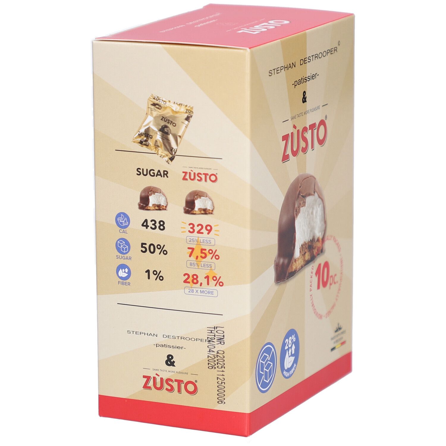Verpackung von Zùsto. Zeigt Nährwertangaben. Enthält 10 einzeln verpackte Stück. Enthält Zuckerreduzierung. Mit Logo.