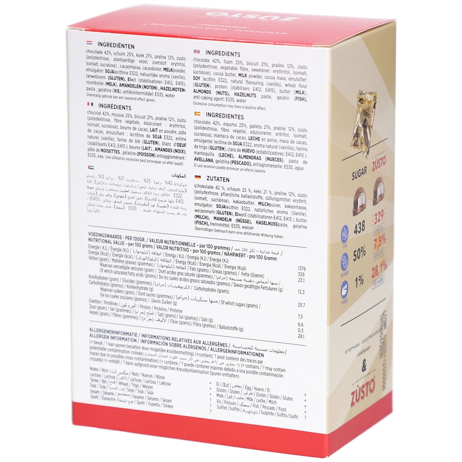 Rückseite der Zùsto-Verpackung. Zeigt Zutatenlisten und Nährwertangaben. Mehrsprachig. Mit Logo.