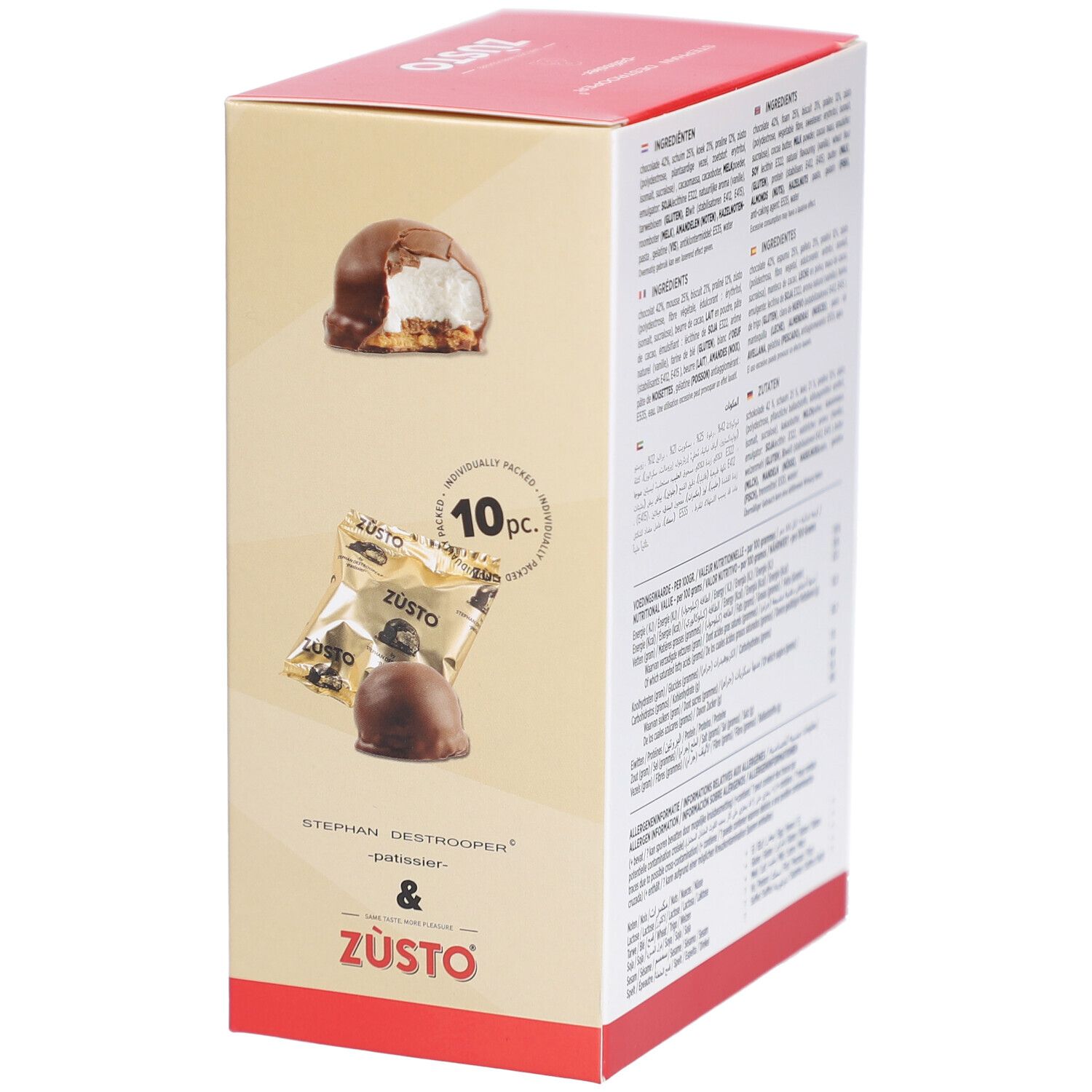 Verpackung von Zùsto. Zeigt einzeln verpackte Produkte. Enthält 10 Stück. Mit Logo und Produktabbildung.