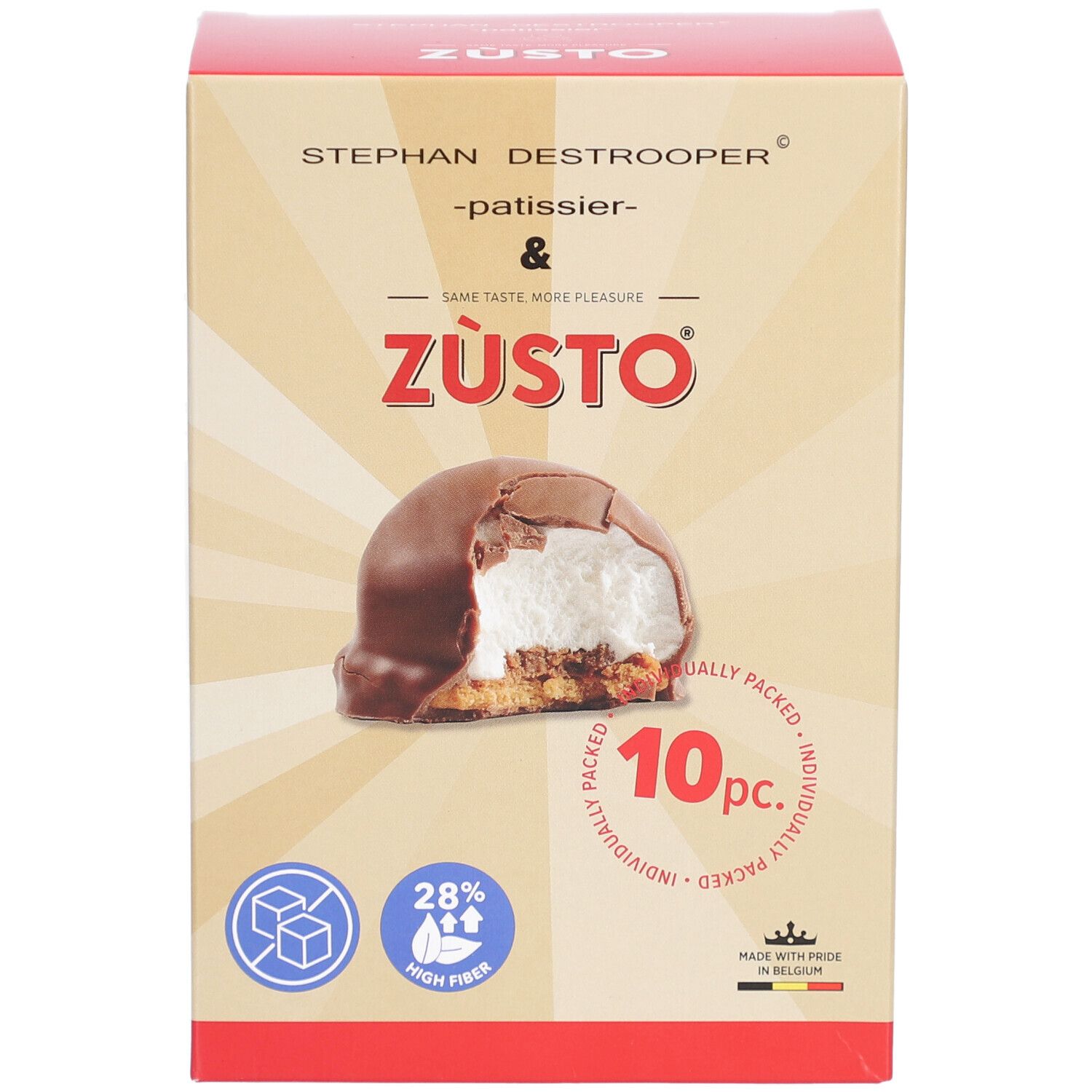 Verpackung von Zùsto. Zeigt ein Produkt mit Schokoladenüberzug und Füllung. Enthält 10 Stück. Hoher Ballaststoffgehalt.