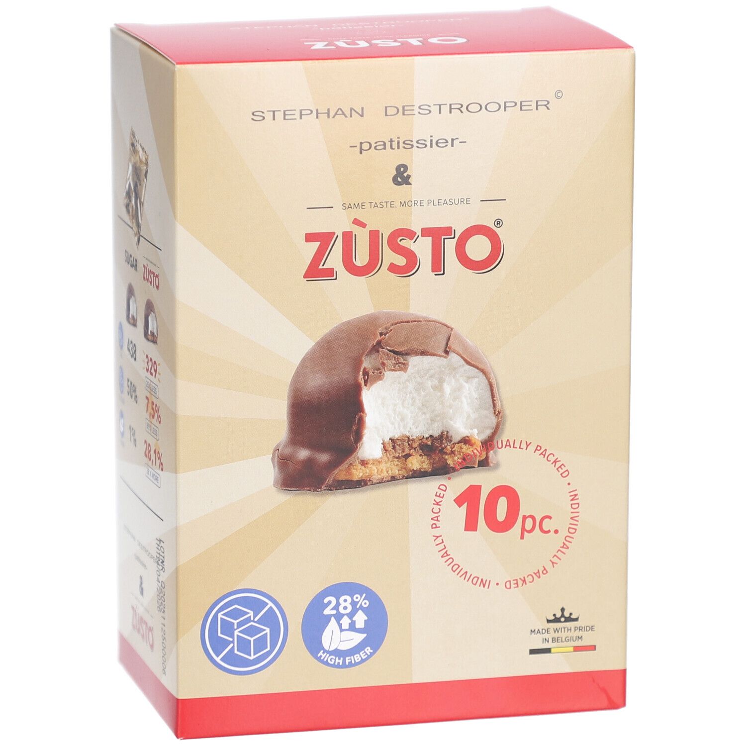 Verpackung von Zùsto. Zeigt ein Produkt mit Schokoladenüberzug und Füllung. Enthält 10 Stück. Hoher Ballaststoffgehalt.
