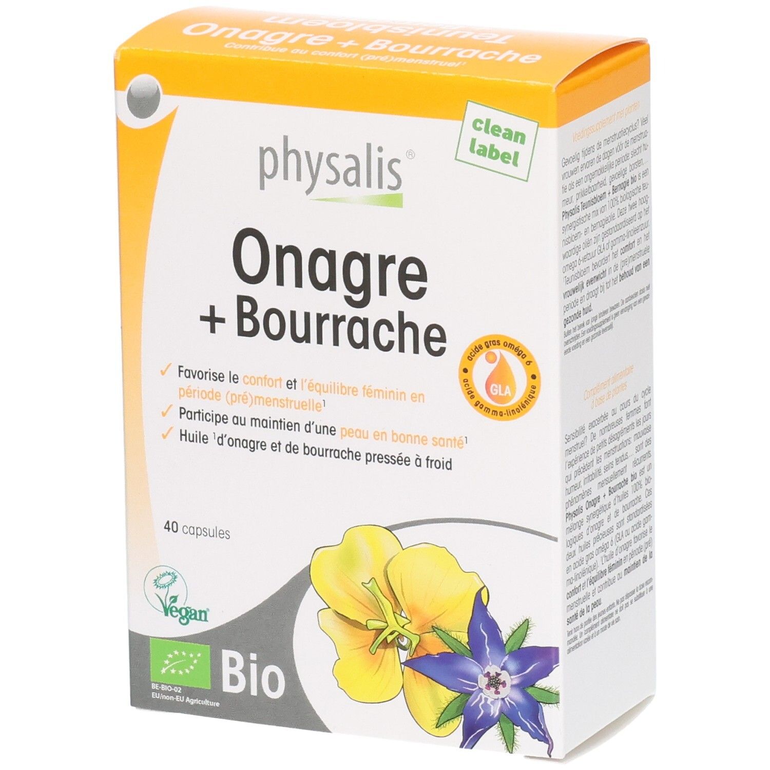 Physalis Onagre + Bourrache Kapseln, 40 Stück. Bio-zertifiziert mit Blumenabbildung.