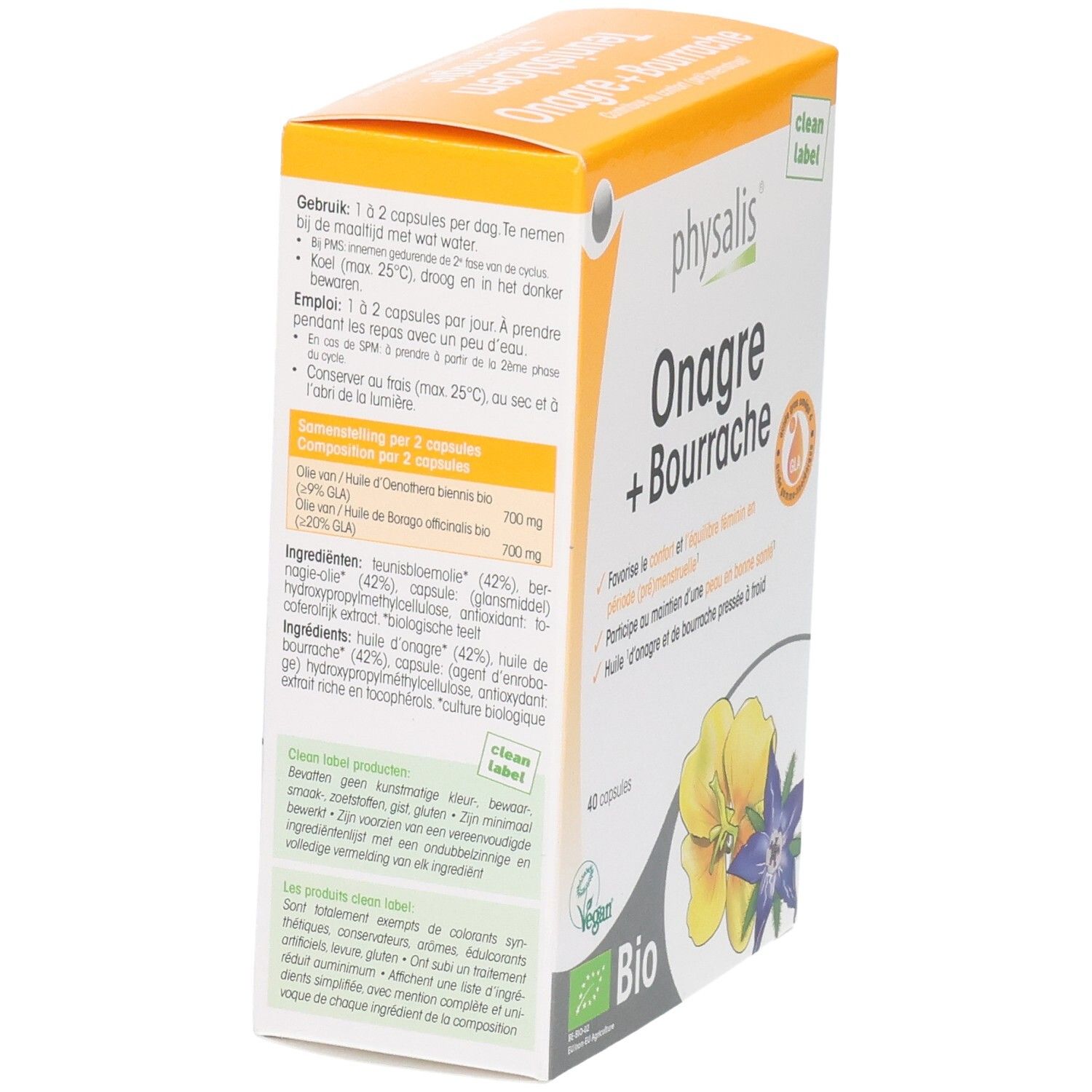 Rückseite der Packung Physalis Onagre + Bourrache Kapseln mit Inhaltsstoffen und Anwendungshinweisen.