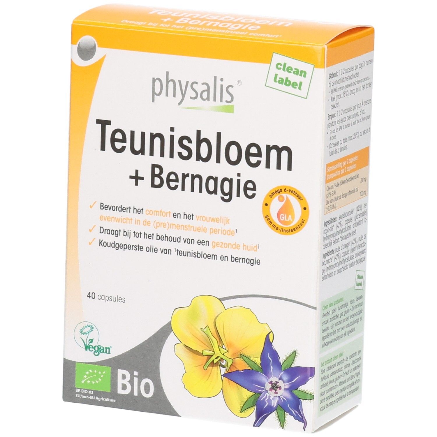Physalis Teunisbloem + Bernagie Kapseln, 40 Stück. Bio-zertifiziert mit Blumenabbildung.