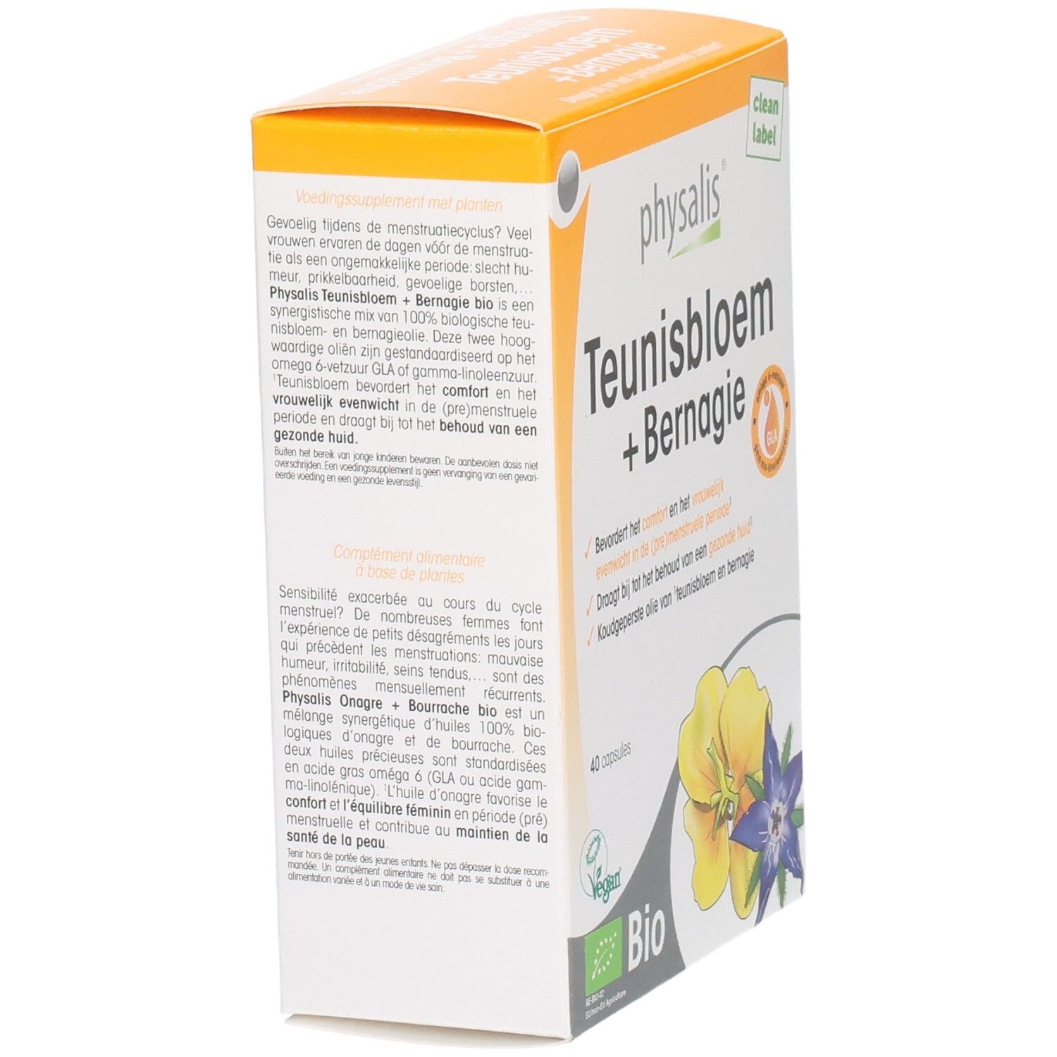 Rückseite der Packung Physalis Teunisbloem + Bernagie Kapseln mit Inhaltsstoffen und Anwendungshinweisen.