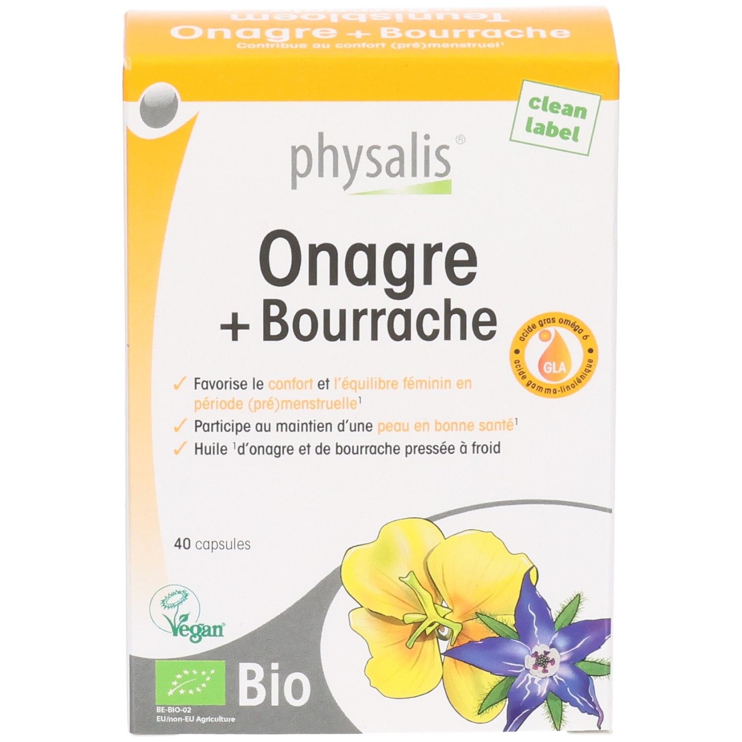 Physalis Onagre + Bourrache Kapseln, 40 Stück. Bio-zertifiziert mit Blumenabbildung.