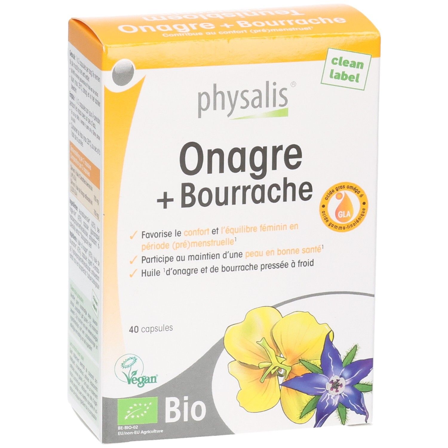 Physalis Onagre + Bourrache Kapseln, 40 Stück. Bio-zertifiziert mit Blumenabbildung.