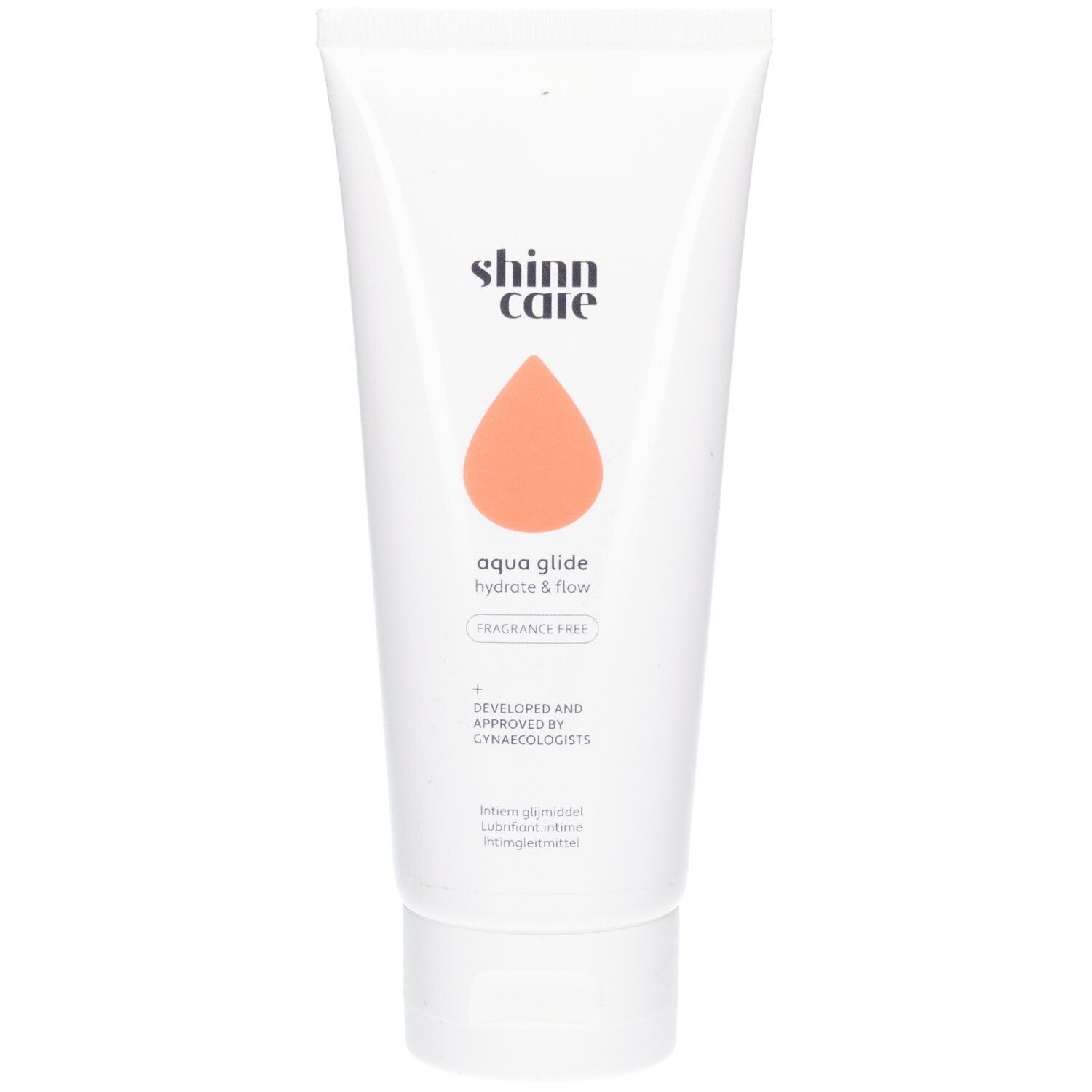 Weisse Tube mit Produktnamen und orangefarbenem Tropfen. Text: aqua glide, hydrate & flow, fragrance free.
