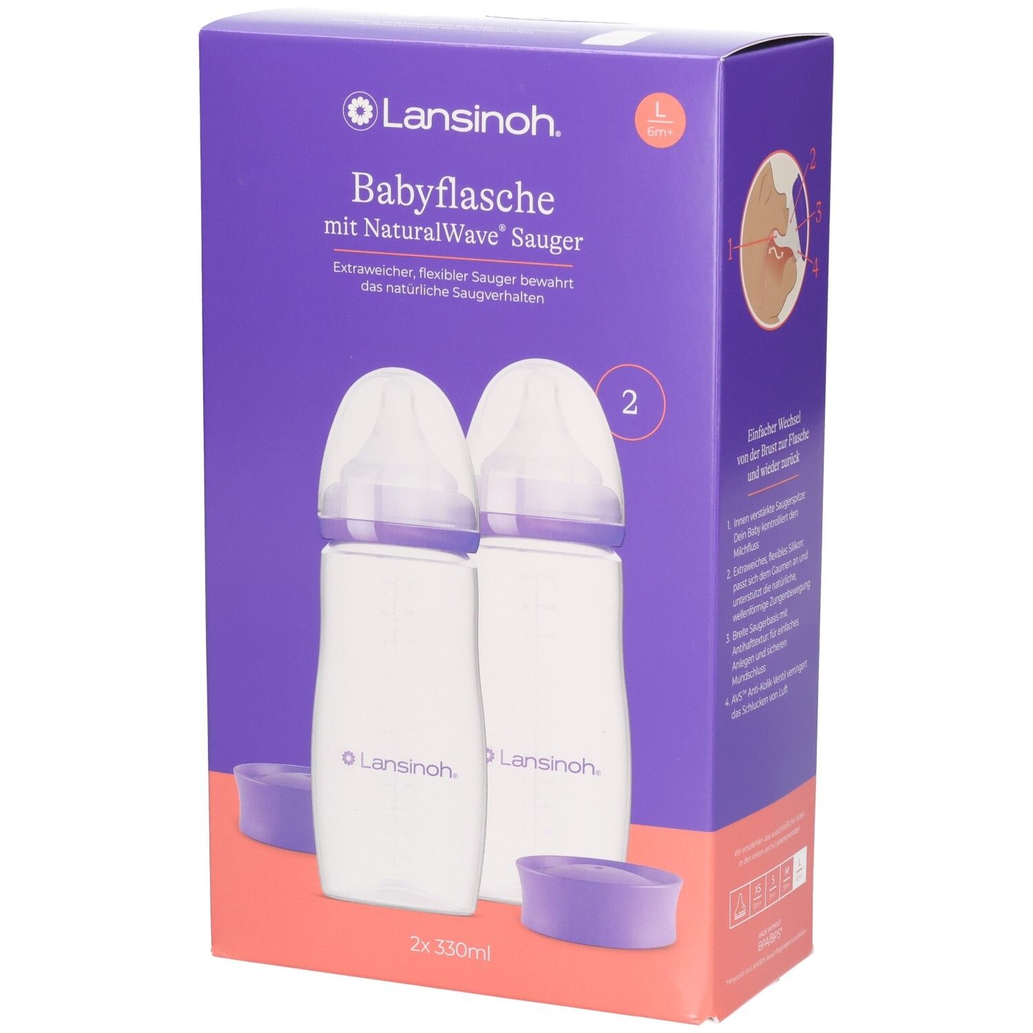 Lansinoh Babyflaschen-Set mit NaturalWave Sauger. Zwei 330ml Flaschen in violetter Verpackung.