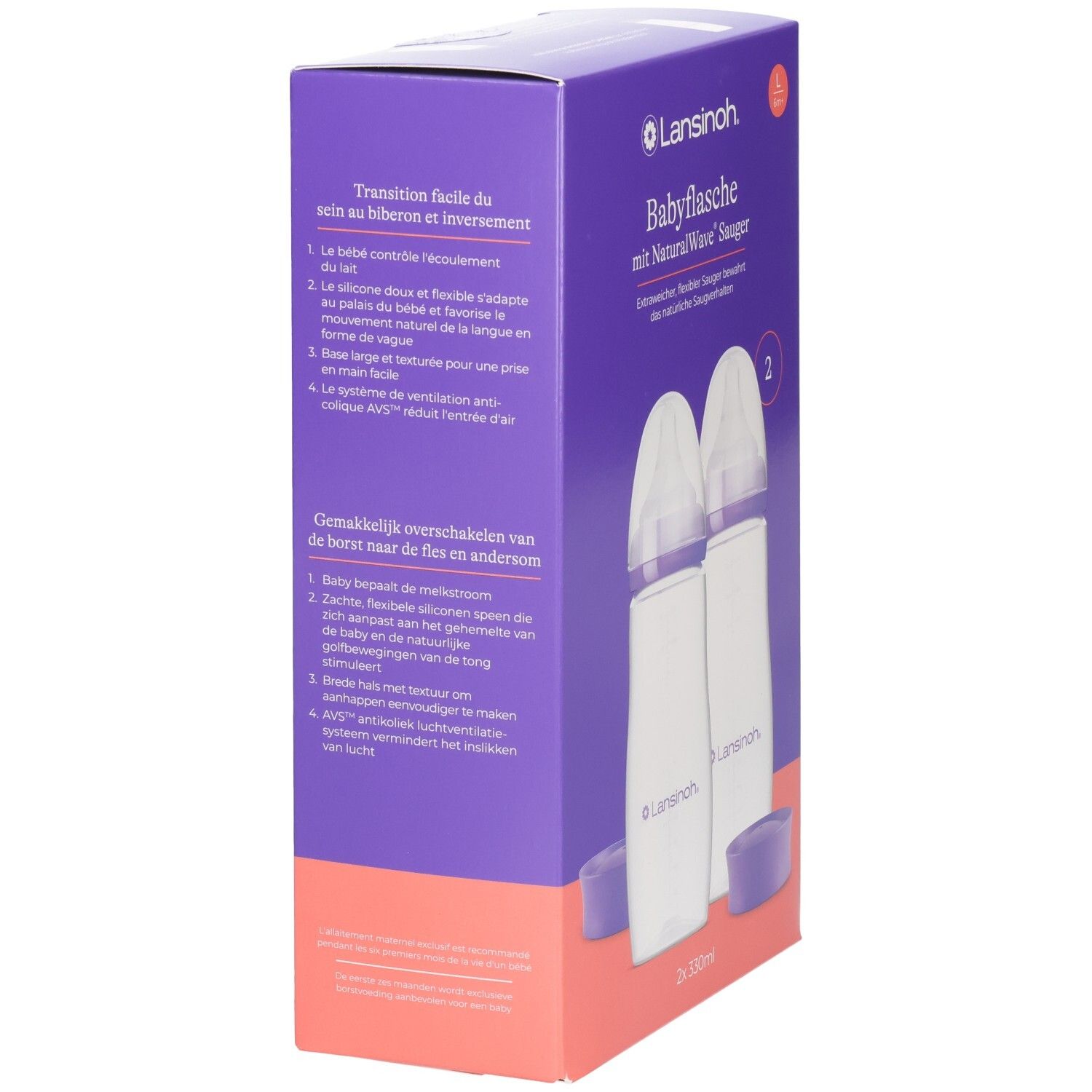 Rückseite der Lansinoh Babyflaschen-Verpackung mit Hinweisen zur einfachen Umstellung von Brust auf Flasche.