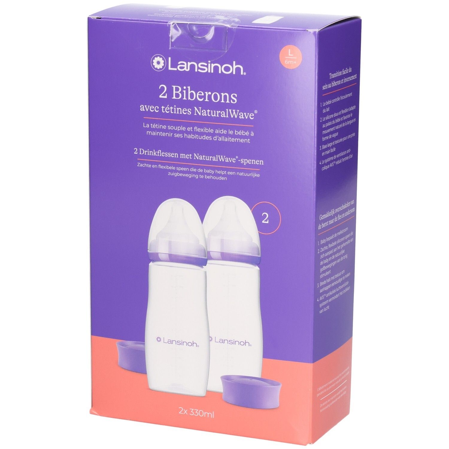 Lansinoh 2er-Set Babyflaschen mit NaturalWave Saugern. Verpackung zeigt zwei 330ml Flaschen.