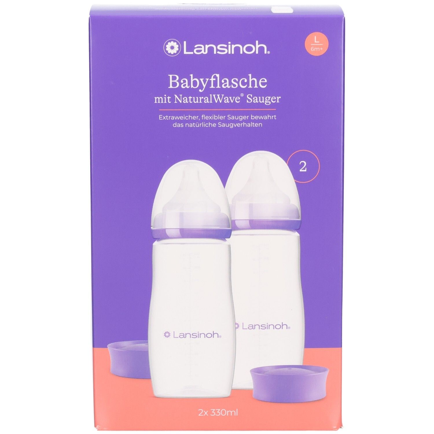 Lansinoh Babyflaschen-Set mit NaturalWave Sauger. Zwei 330ml Flaschen in violetter Verpackung.