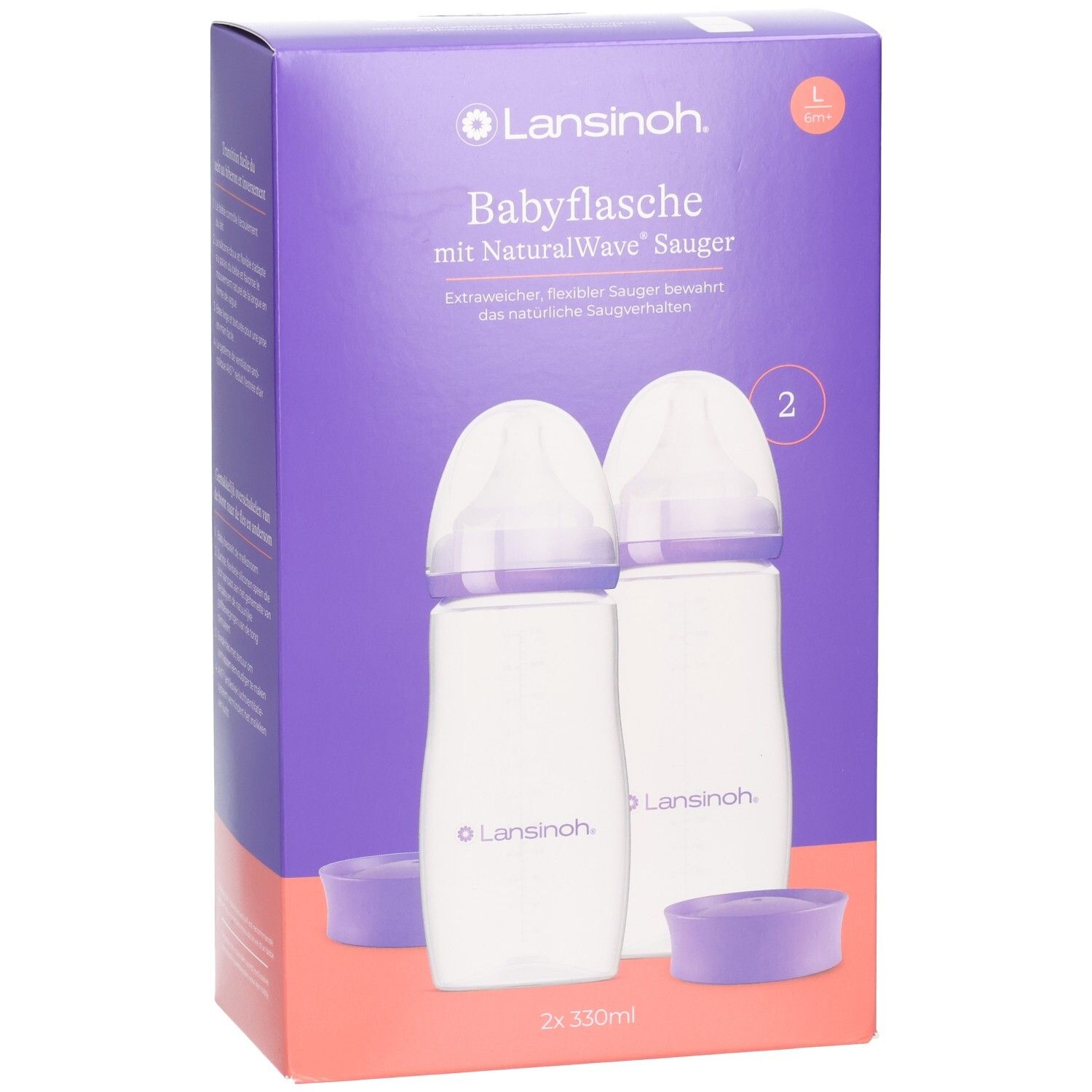 Lansinoh Babyflaschen-Set mit NaturalWave Sauger. Zwei 330ml Flaschen in violetter Verpackung.
