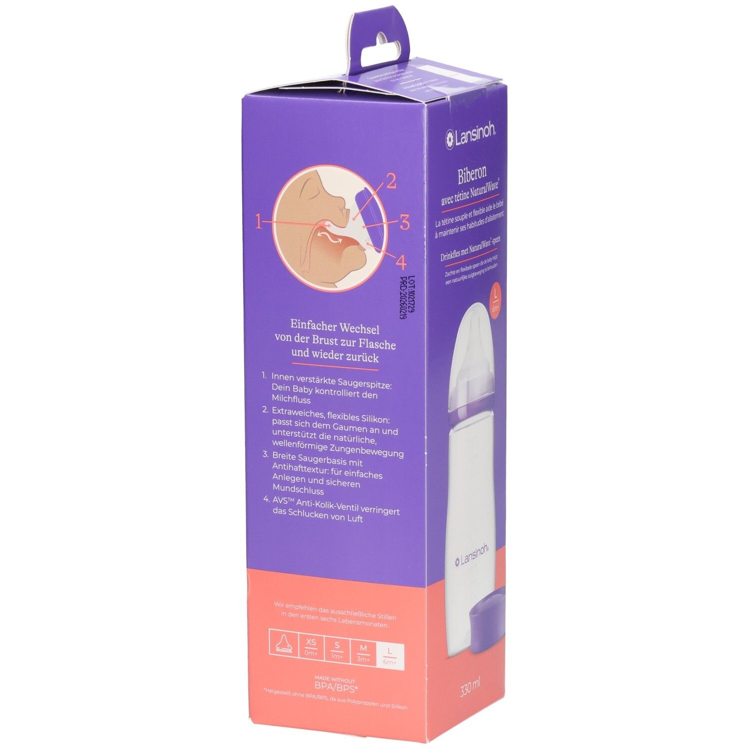 Rückseite der Lansinoh Babyflaschen-Verpackung mit Anleitungsdiagramm und Merkmalen des NaturalWave Saugers.