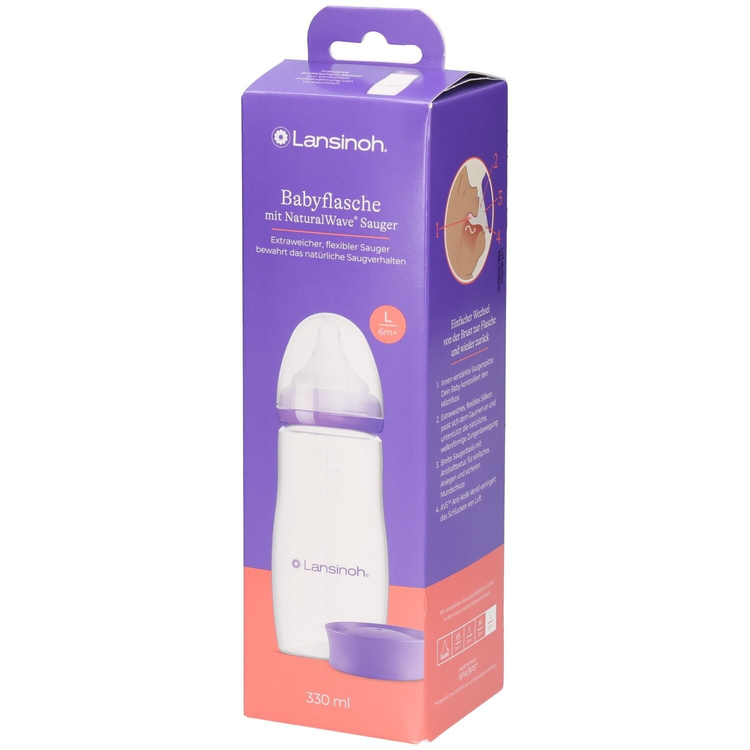 Lansinoh Babyflasche mit NaturalWave Sauger, 330 ml, lila/weiß. Vorderseite der Verpackung mit Produktabbildung.