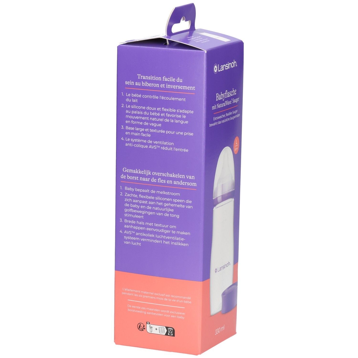 Lansinoh Babyflasche mit NaturalWave Sauger, 330 ml. Verpackung mit deutschen und niederländischen Informationen.