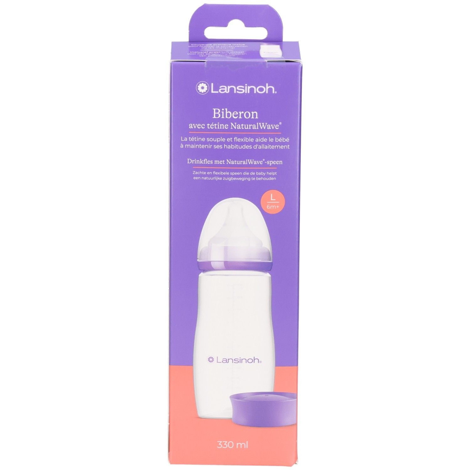 Lansinoh Babyflasche mit NaturalWave Sauger, 330 ml, lila/weiß. Vorderseite der Verpackung mit Produktabbildung.