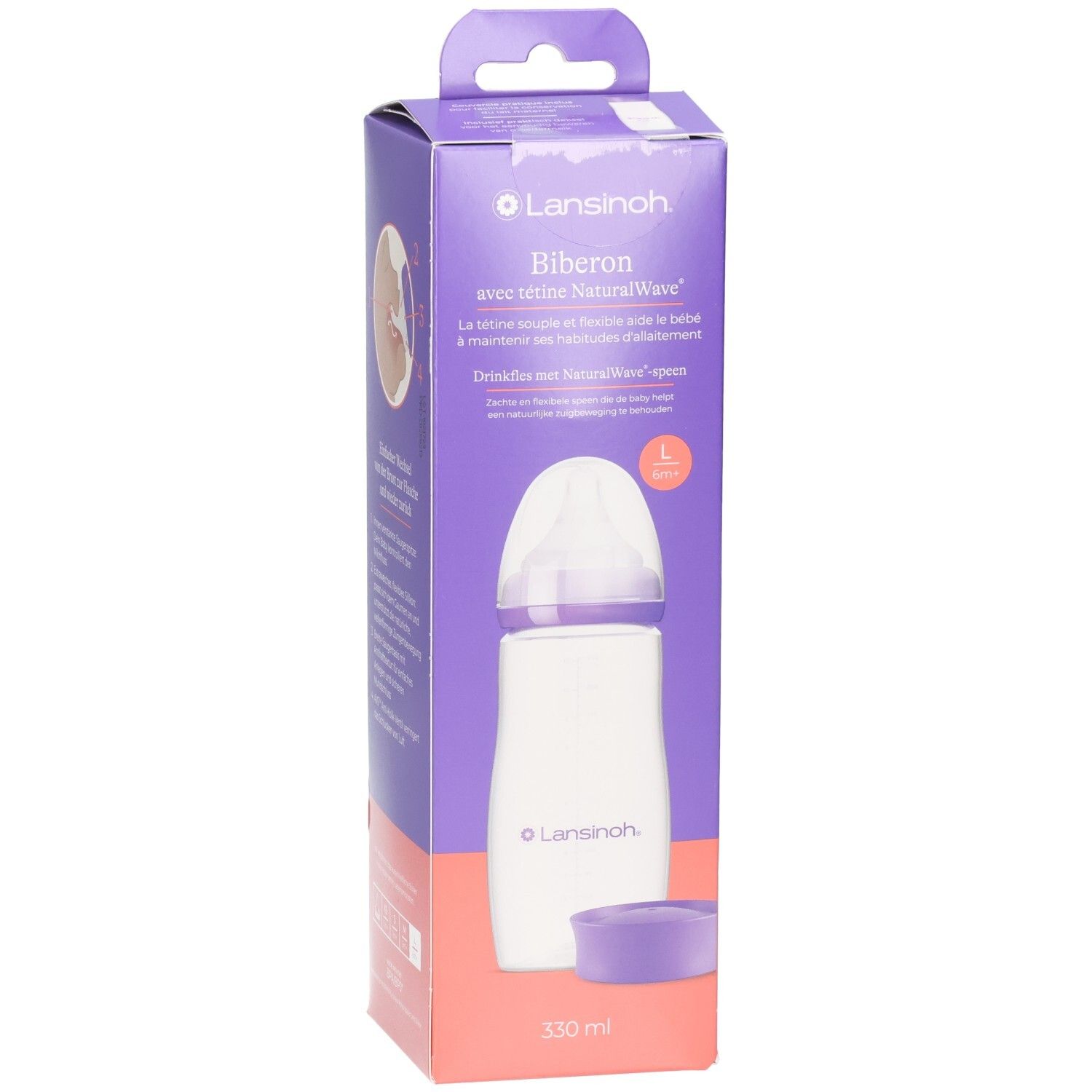 Lansinoh Babyflasche mit NaturalWave Sauger, 330 ml, lila/weiß. Verpackung mit Produktabbildung und Detailinformationen.