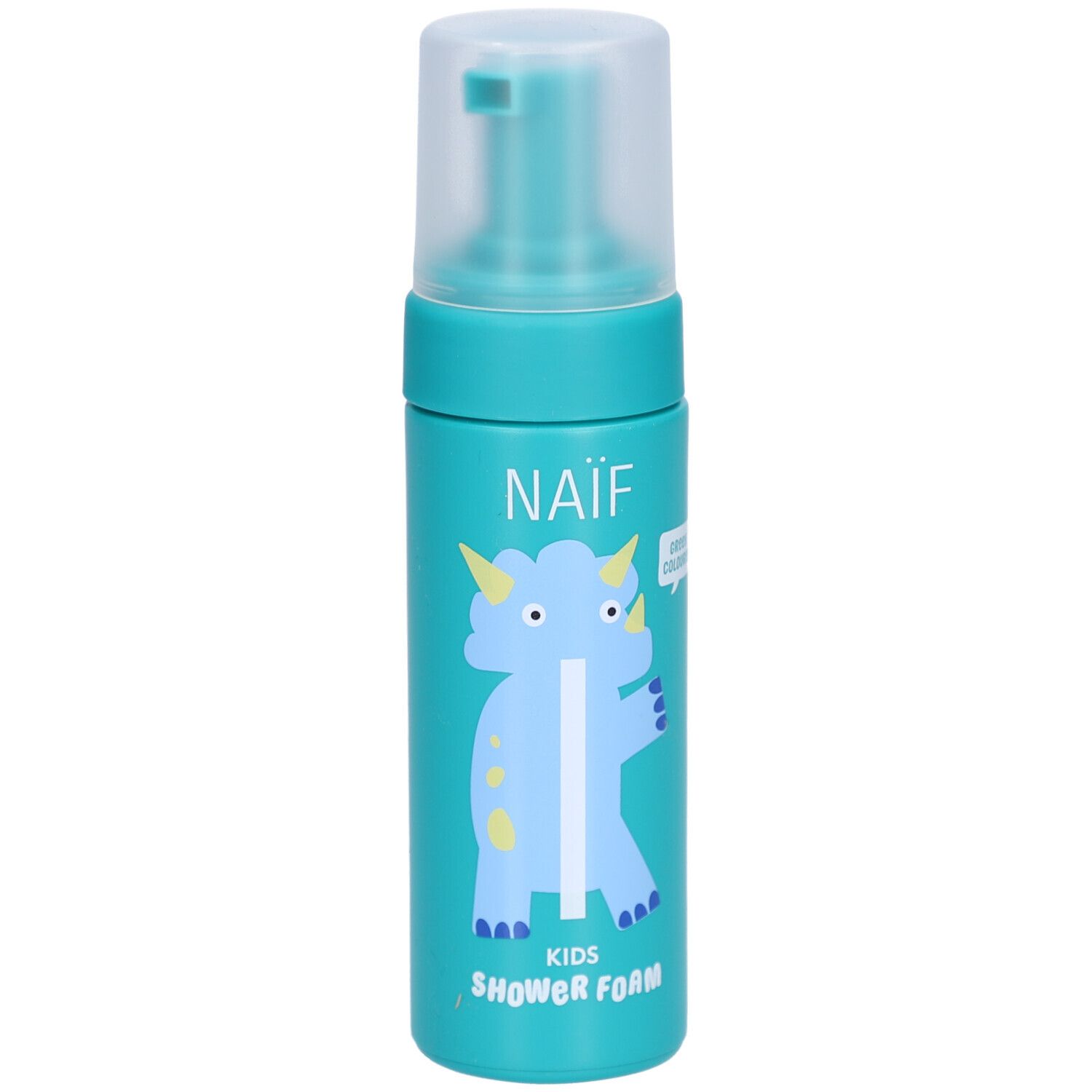 Flacon turquoise avec pompe. Inscription : NAÏF, KIDS SHOWER FOAM. Illustration d'un dinosaure bleu.